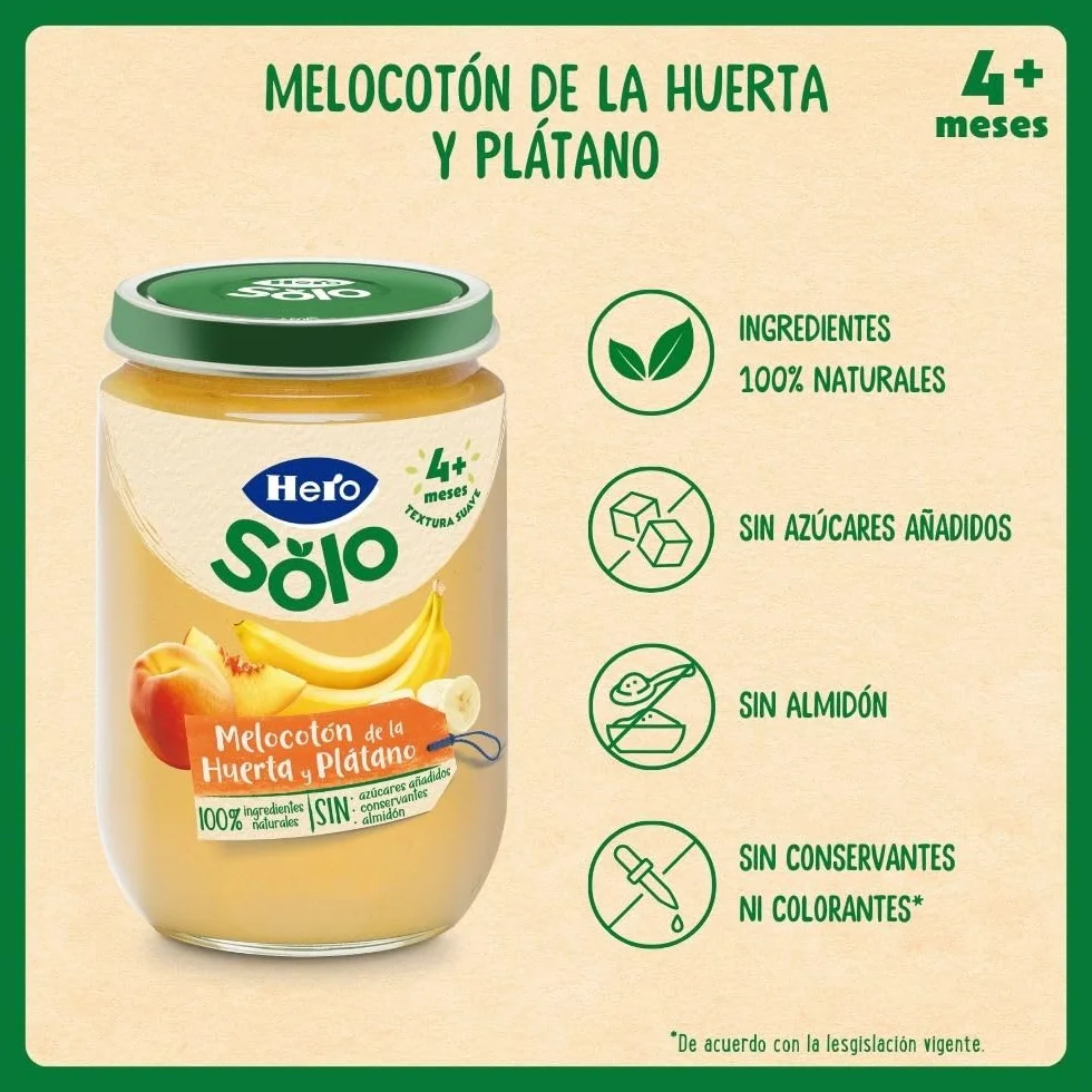 Hero Baby Tarritos de Melocotón y Plátano 190g para bebés desde 4 meses