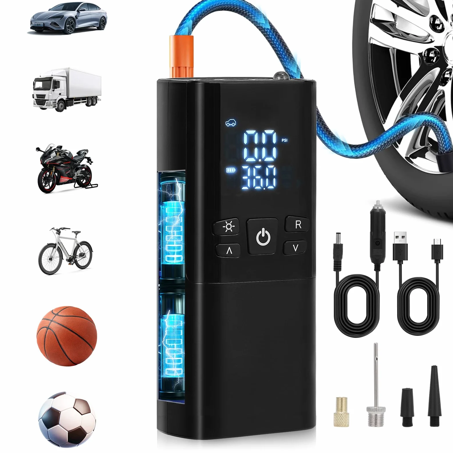 Compresor de aire portátil para neumáticos de coche, inflador de neumáticos inalámbrico de 150 PSI con apagado automático y luz LED, bomba de aire recargable de 10000 mAh para bicicleta, motocicleta