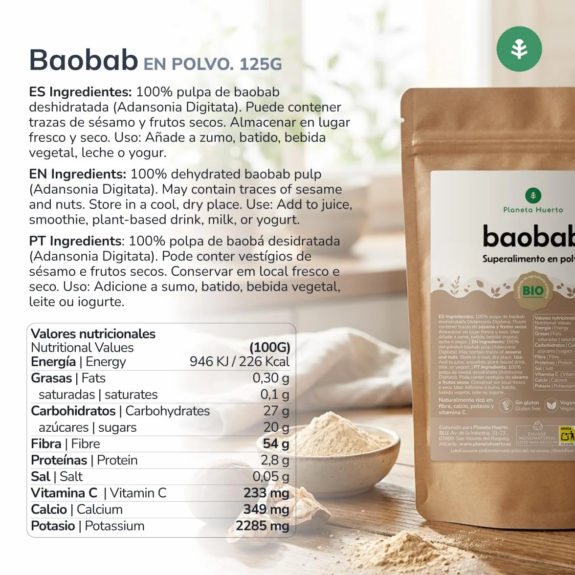 Baobab en Polvo Ecológico 125 g - Superalimento Natural Rico en Vitamina C y Antioxidantes
