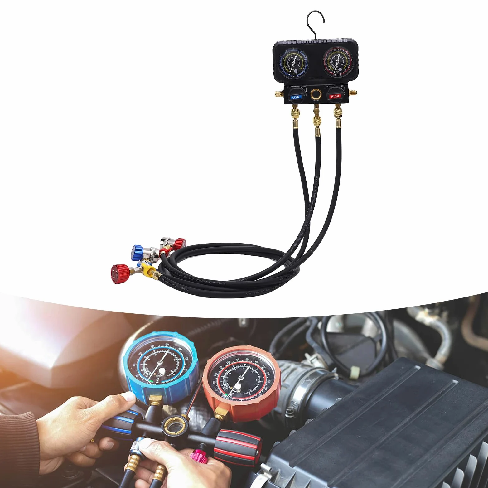 Medidores de Refrigerante Automotriz con Mangueras, Juego de Colector de CA para R410A R32 R134A R22, Material de Latón Resistente, Adecuado para Uso Profesional