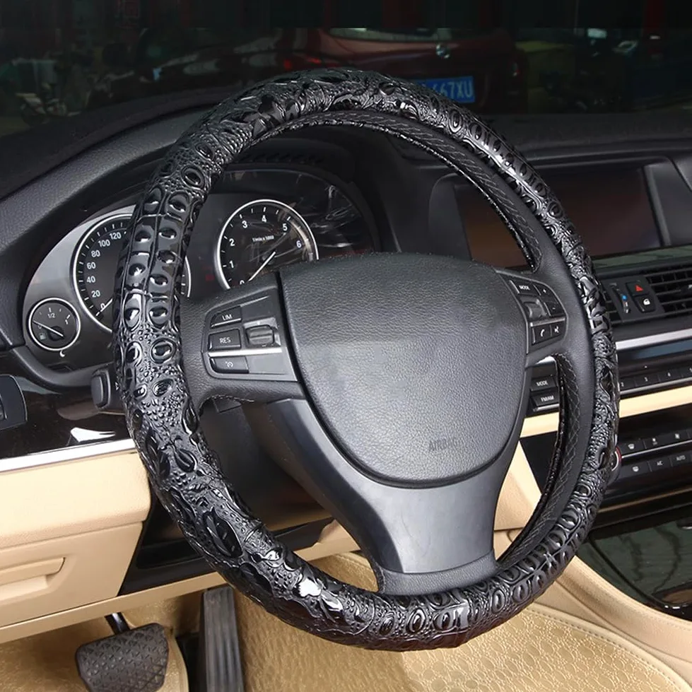 Comfort - Funda de Cuero para Volante de automóvil, Agarre Antideslizante, 15 Pulgadas, cocodrilo Negro con Grano Rosa