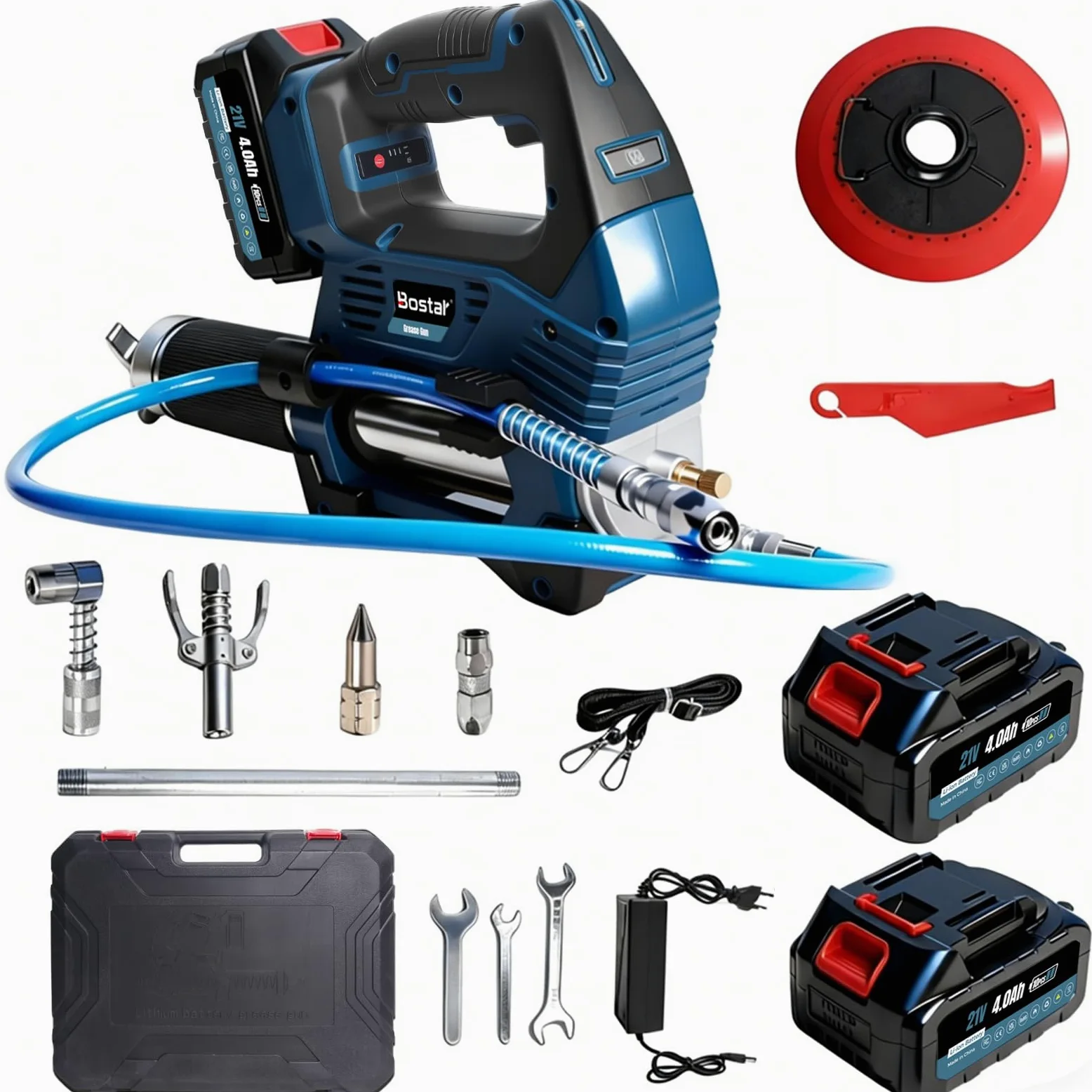 Bostar Pistola de Engrase 12000 PSI Eléctrica Bomba de Engrase a Batería con 2 Baterías 4.0Ah(Compatible Makita 18V), Motor Sin Escobillas, Manguera 1m y Adaptador para Maquinaria Agrícola y Camiones