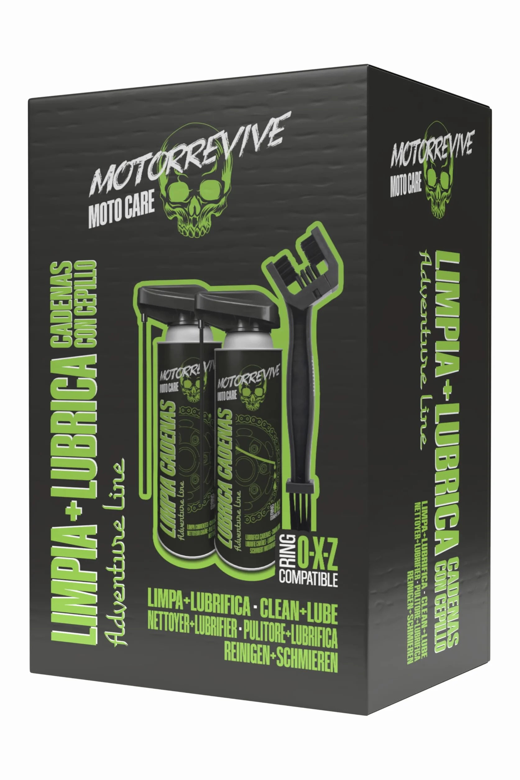 Pack Adventure Line con Limpiador, Lubricante y Cepillo para Cadenas de Moto Off-Road 380 + 380 ml | Mantenimiento Completo para Motocross, Enduro y Rutas Todo Terreno
