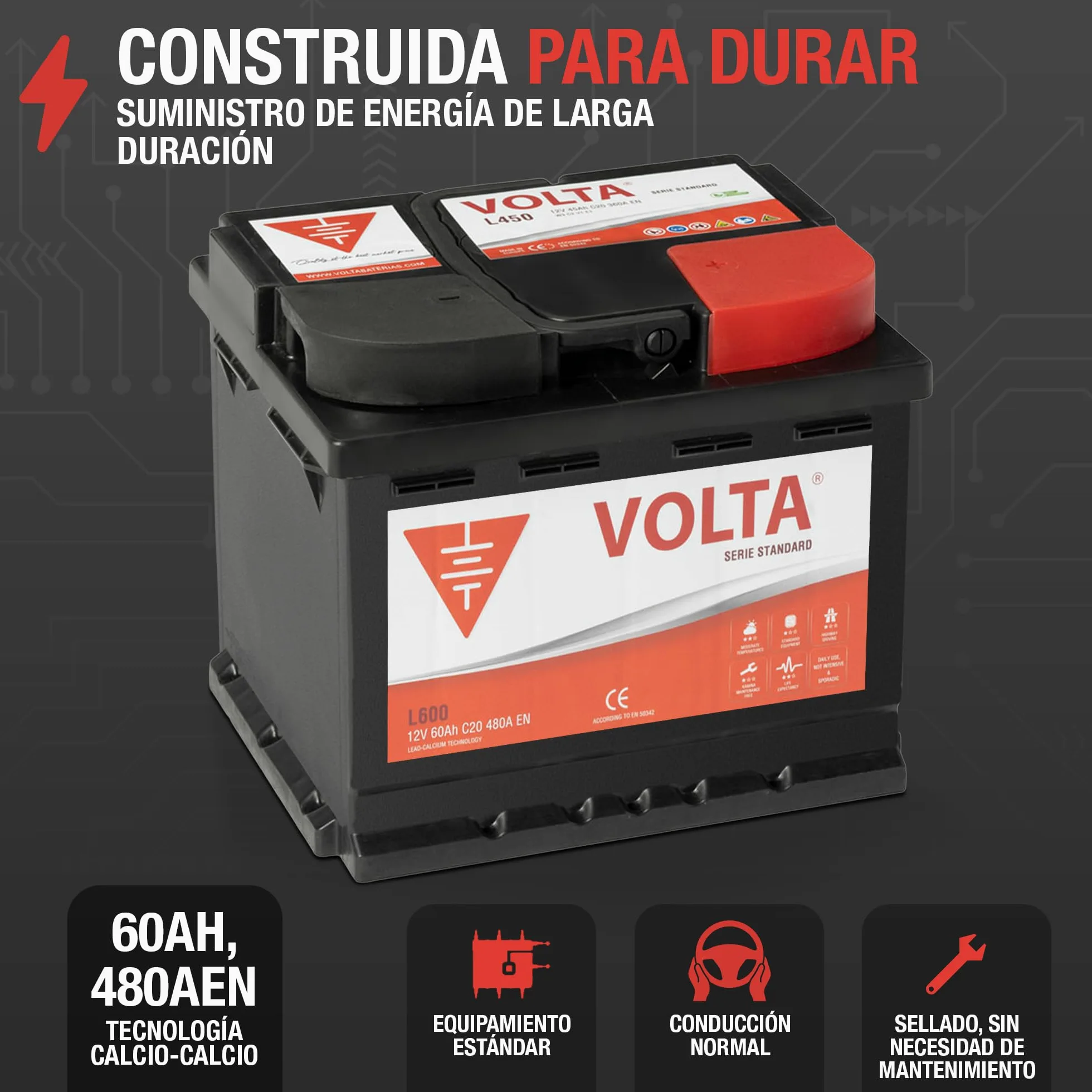 Batería De Coche 60Ah 480A EN Standard Volta L600D, bateria de automóvil de turismo, Plomo-Calcio, Batería 60Ah - Borne +Dcha - Medidas 242 x 175 x 190mm con 2 años de Garantía - Fabricación Europea