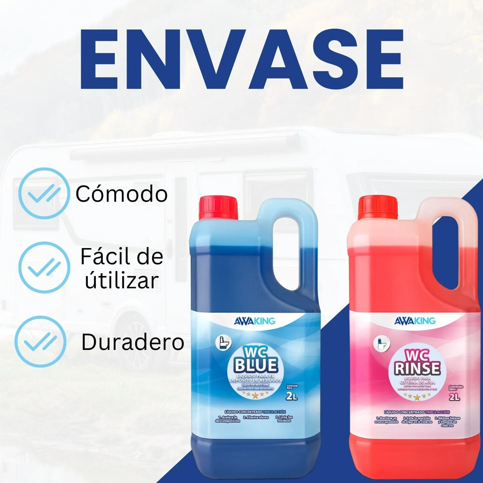 PLANTAWA Líquido Químico Blue 2L + Rinse 2L | liquido wc quimico caravana y wc portatil | liquido autocaravana wc con acción desodorizante | Fácil de usar y transportar