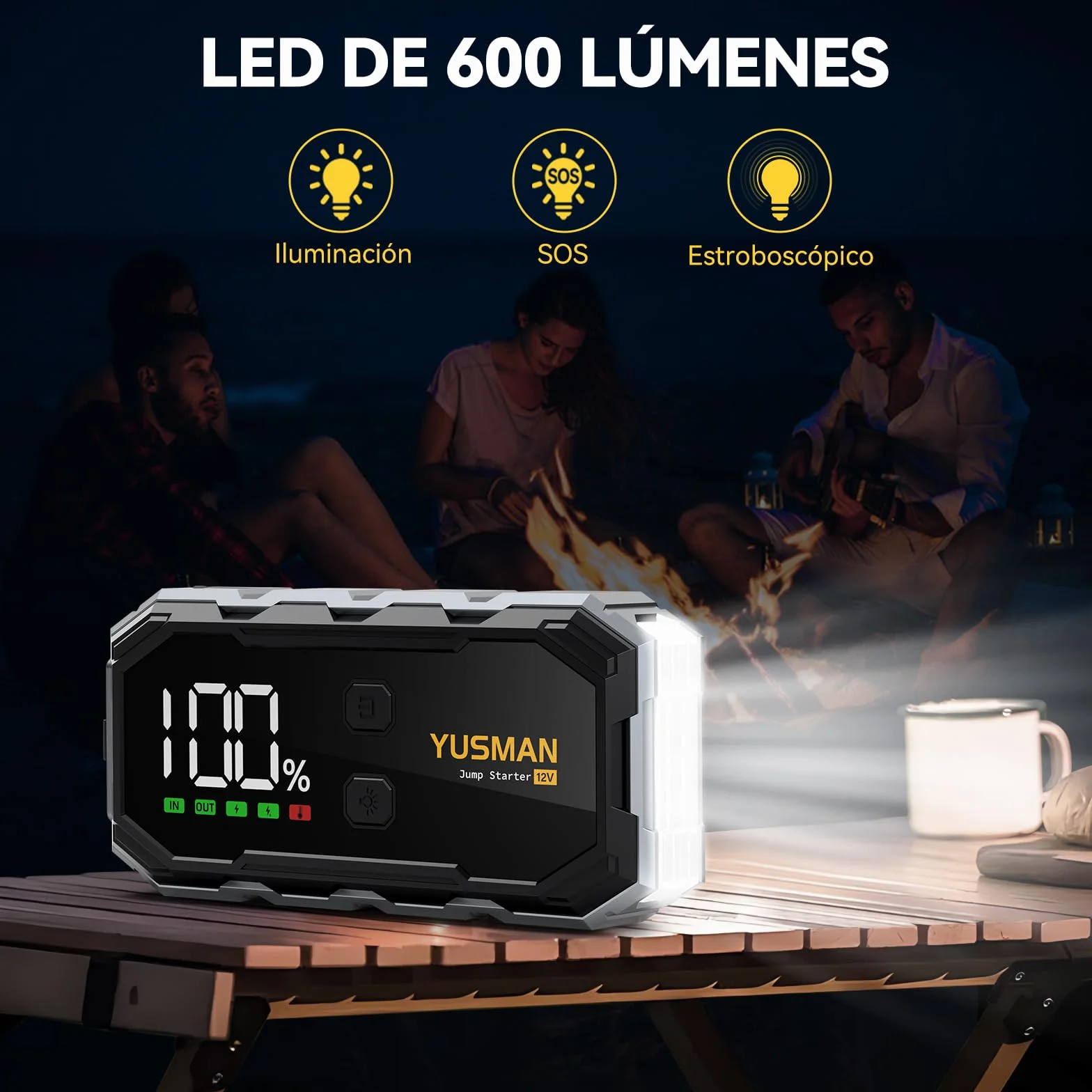 YUSMAN Arrancador de Coche, 10000A Arrancador de Baterias de Coche,12V Arrancador de Portátil con para All Gasolina o 10L Diesel, Linterna LED de Emergencia,Carga Rápida, Pantalla LCD Extragrande