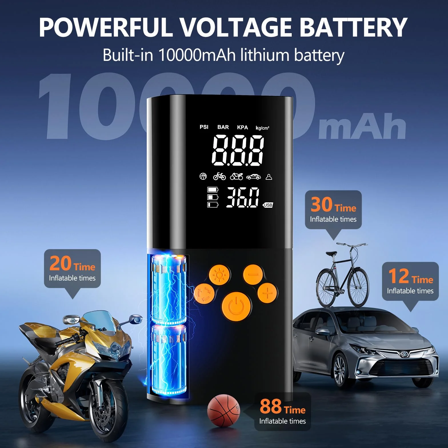 10000Mah Compresor Aire Portatil,160PSI & 2X inflador Ruedas Coche con Doble LCD Digital, inflador electrico luz LED, Manómetro, Apagado Automático para Coche, Moto, Bicicleta, Anillo de Natación