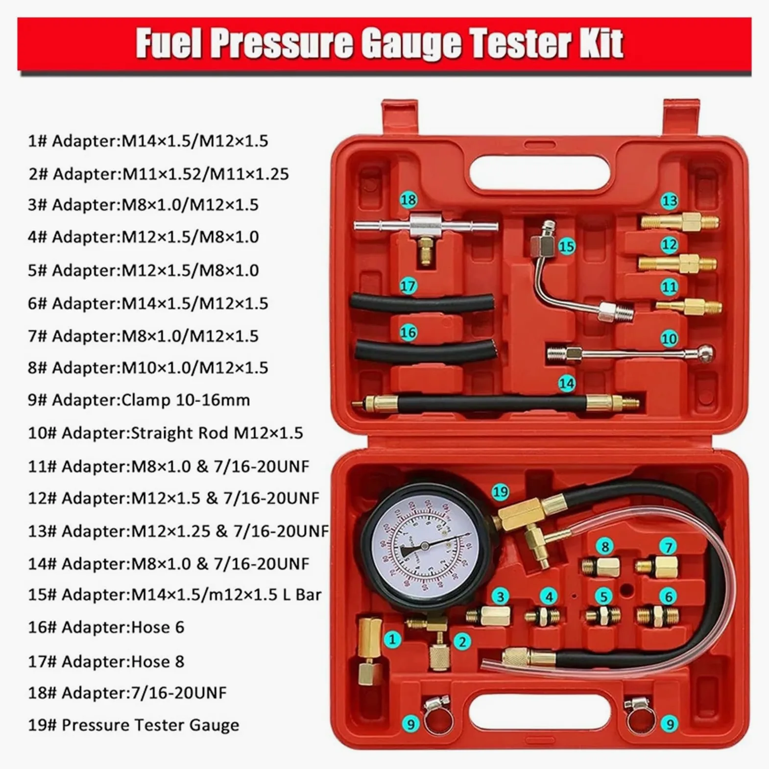Kit de comprobador de presión de inyector de Combustible TU-114, compresión del Motor de 0 a 140 PSI, Herramientas de presión de Aceite y Gas para automóviles y Motocicletas.