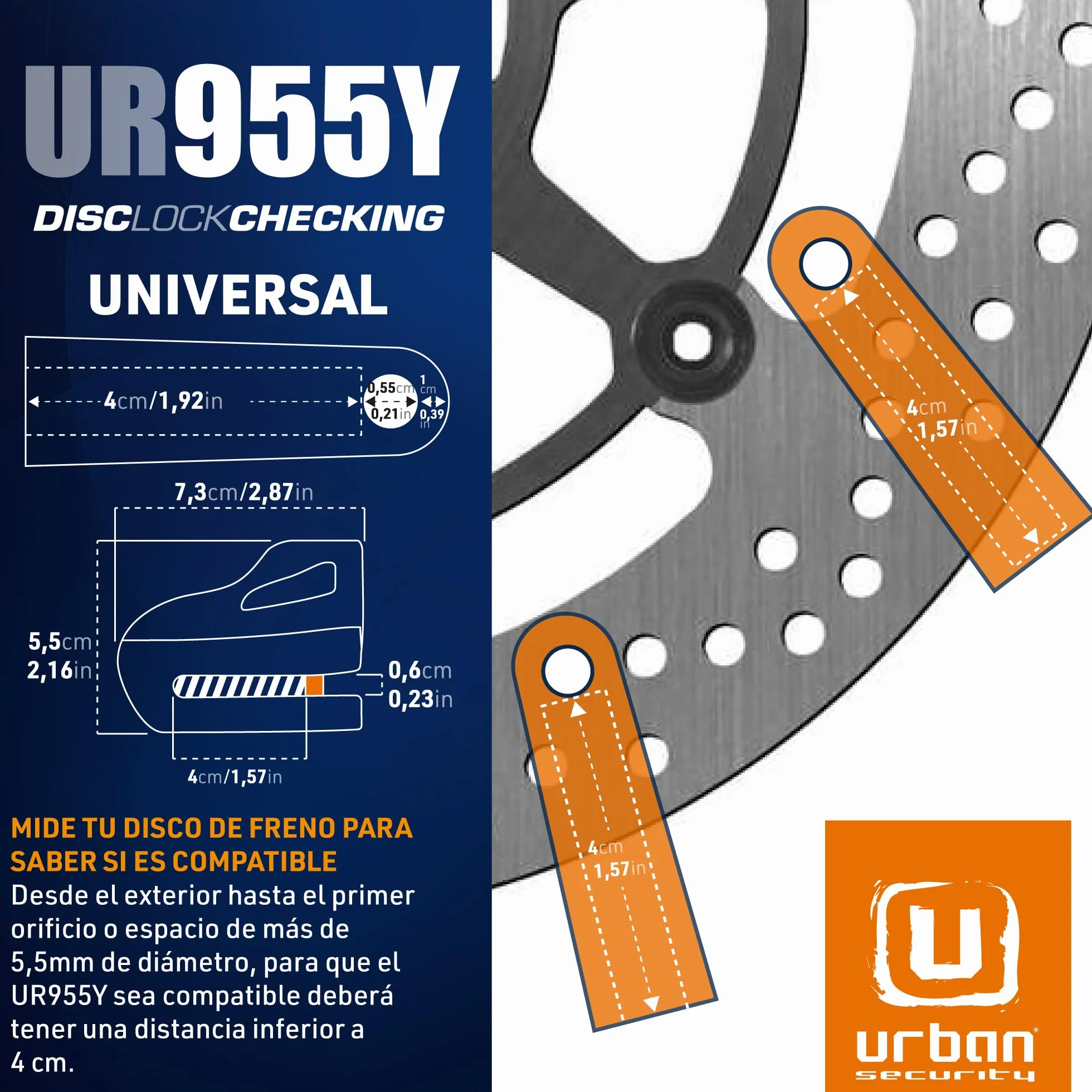 URBAN UR955Y Candado Moto Disco Universal, Seguridad Compacta y Eficaz, Más Visible Más Disuasorio, Rápido Bloqueo Click, Antirrobo Bloqueo Pinza Disco Freno Moto, Bicicleta, Patinete Electrico