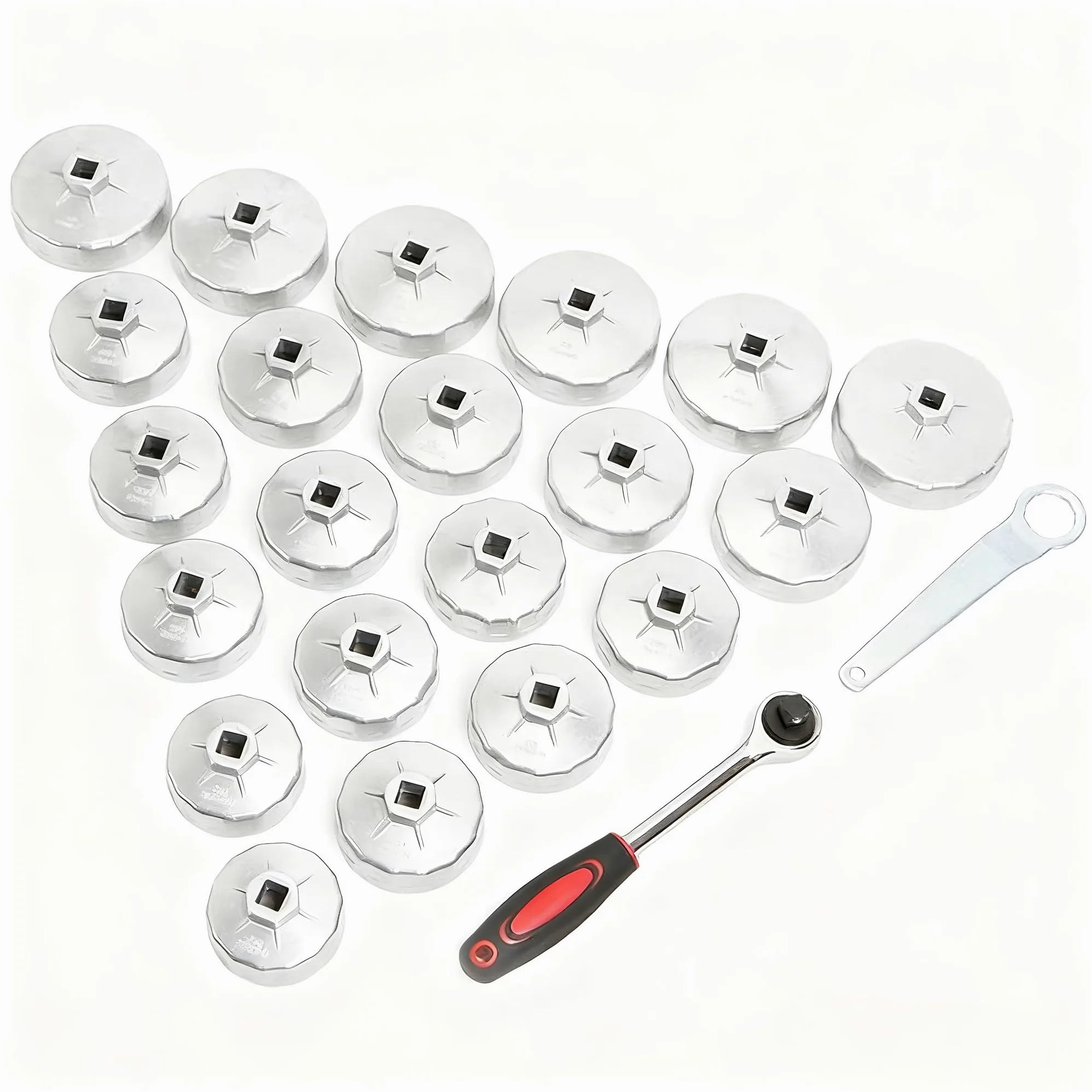 jianyana Juego de 23 llaves de filtro de aceite de 65 mm a 101 mm, enchufe de 1/2 pulgada con mango de trinquete, acero de aleación de alta calidad, resistente al óxido, ajuste universal para la