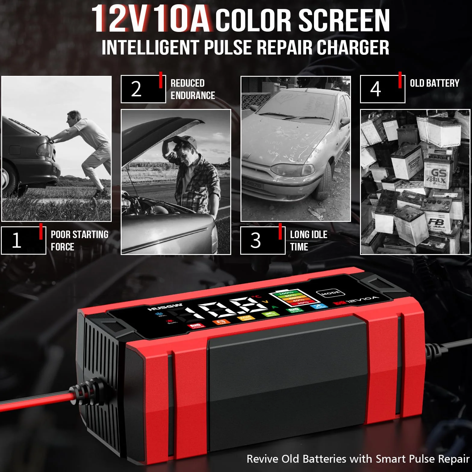 12V 10A Cargador de Batería de Coche, LiFePO4 Cargador de Batería de Moto, Proceso de Carga de Tres Etapas, Protección de Seguridad Múltiple, para Auto, Moto, AGM, Gel, Wet, SLA, LiFePO4 (10 Rojo)