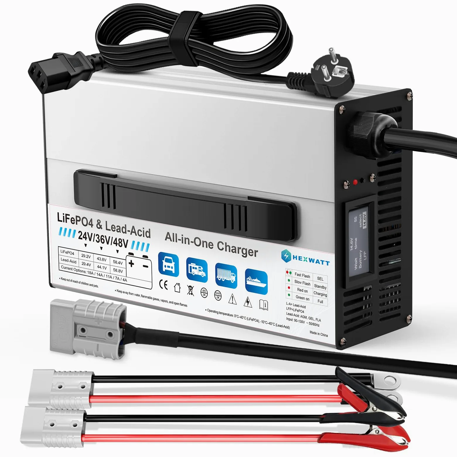 Cargador de batería LiFePO4 y AGM de 24 V/36 V/48 V, LiFePO4 29,2 V, 43,8 V, 58,4 V y ácido de plomo (AGM/Gel/FLA) 24 V/36 V/48, corriente ajustable 4 A-18 A con pantalla LCD