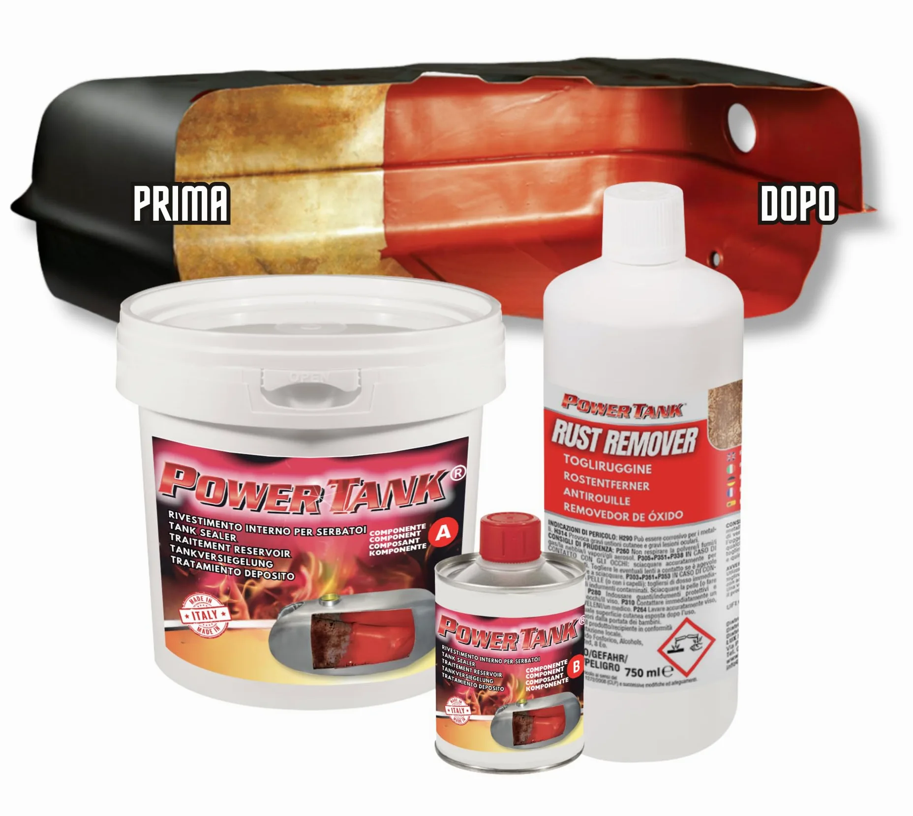 POWER TANK - Tratamiento Tanque Deposito Moto Auto (100/120 LT) Kit Very Big 2,5 kg para Interior de Tanques de Gasolina y Diésel Elimina Óxido Repara Protege Tanques Oxidados de Motos, Autos de Época