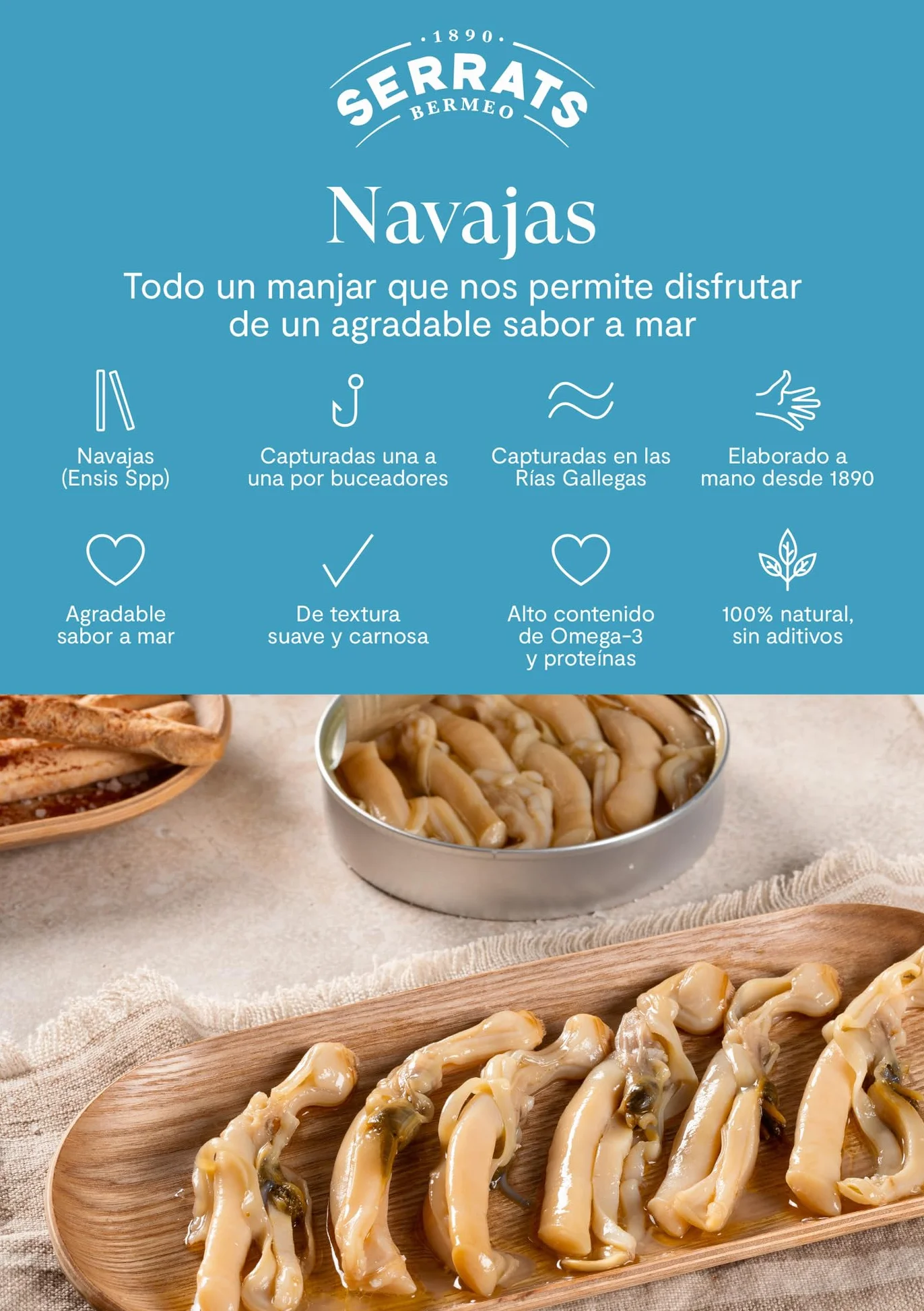 Conservas Serrats Navajas de las Rías Gallegas al natural 6-8 piezas