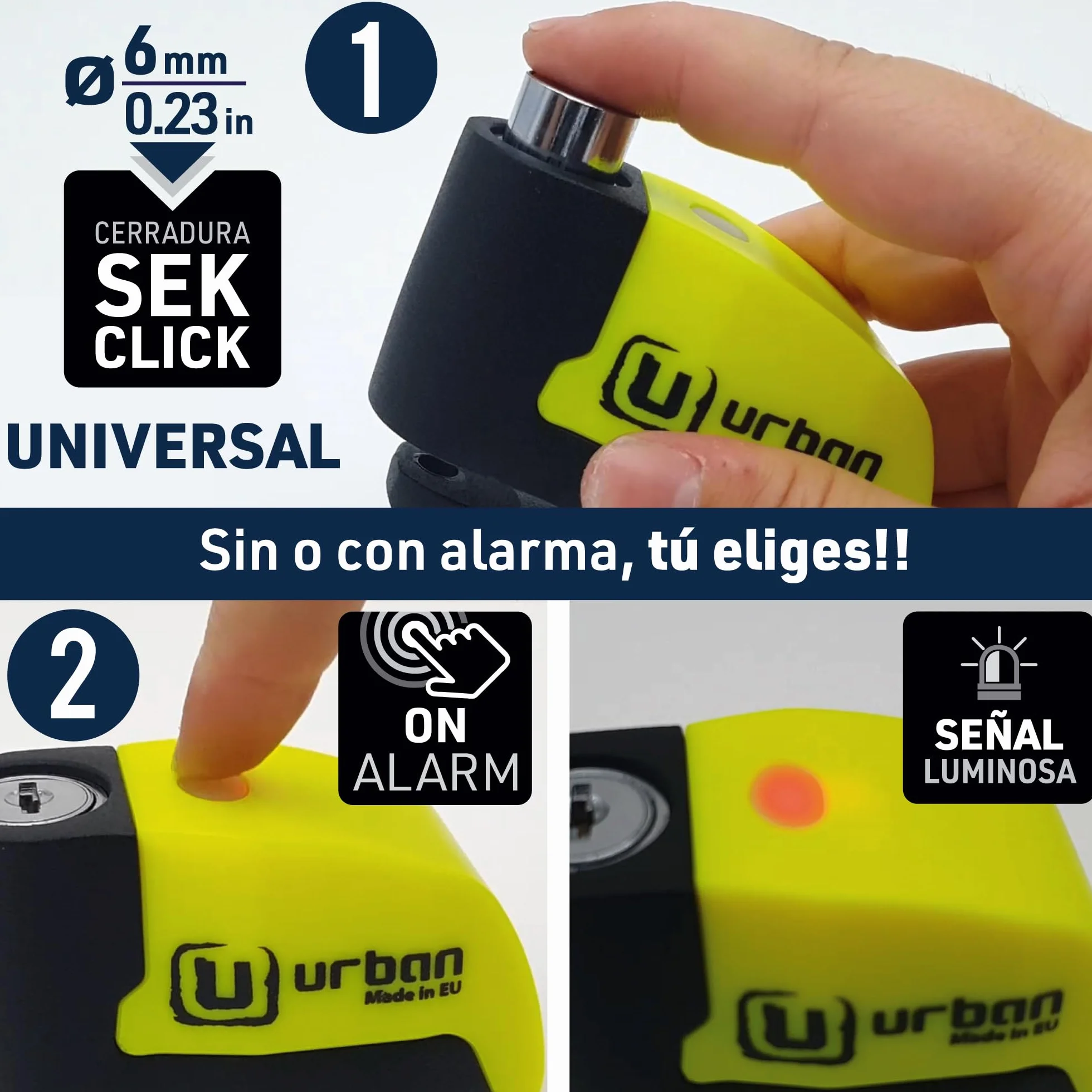 URBAN UR6 Candado Moto con Alarma Inteligente | Antirrobo Disco Más Eficaz | Hi-Tech, 120db, LED, Warning Sensibilidad A+, Pila CR2 Larga Duración, Más Impermeable, Pinza 6mm Universal Scooter Bici