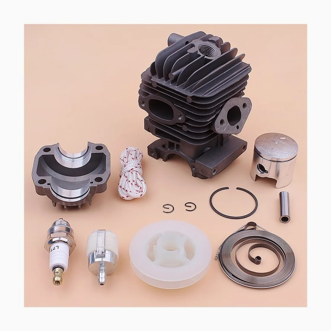 Kit de Base de cárter de Motor de pistón de Cilindro de 34 mm, Compatible con polea de Arranque de Retroceso de 25 CC, Resorte, Cuerda, bujía y Pieza de Motosierra.