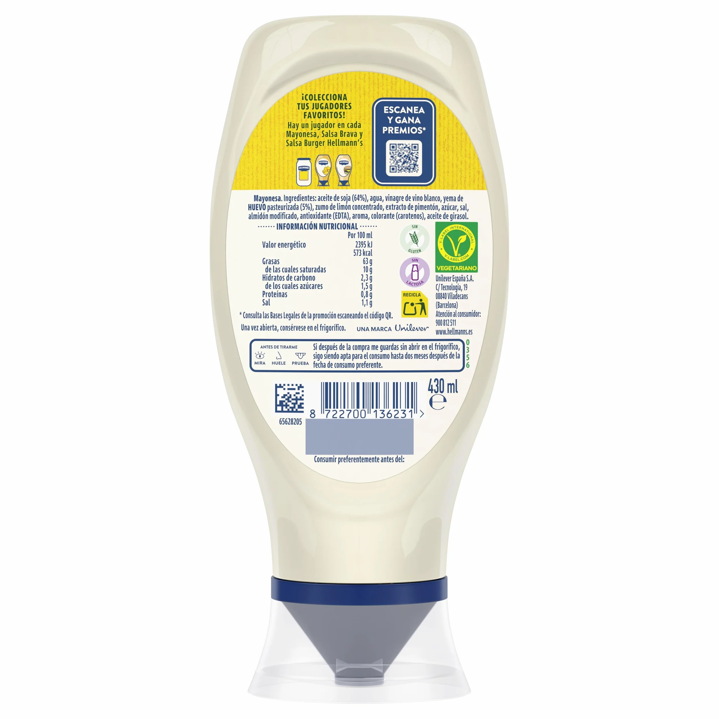 Hellmann's Gran Mayonesa Bocabajo Sin lactosa Sin gluten 430ml
