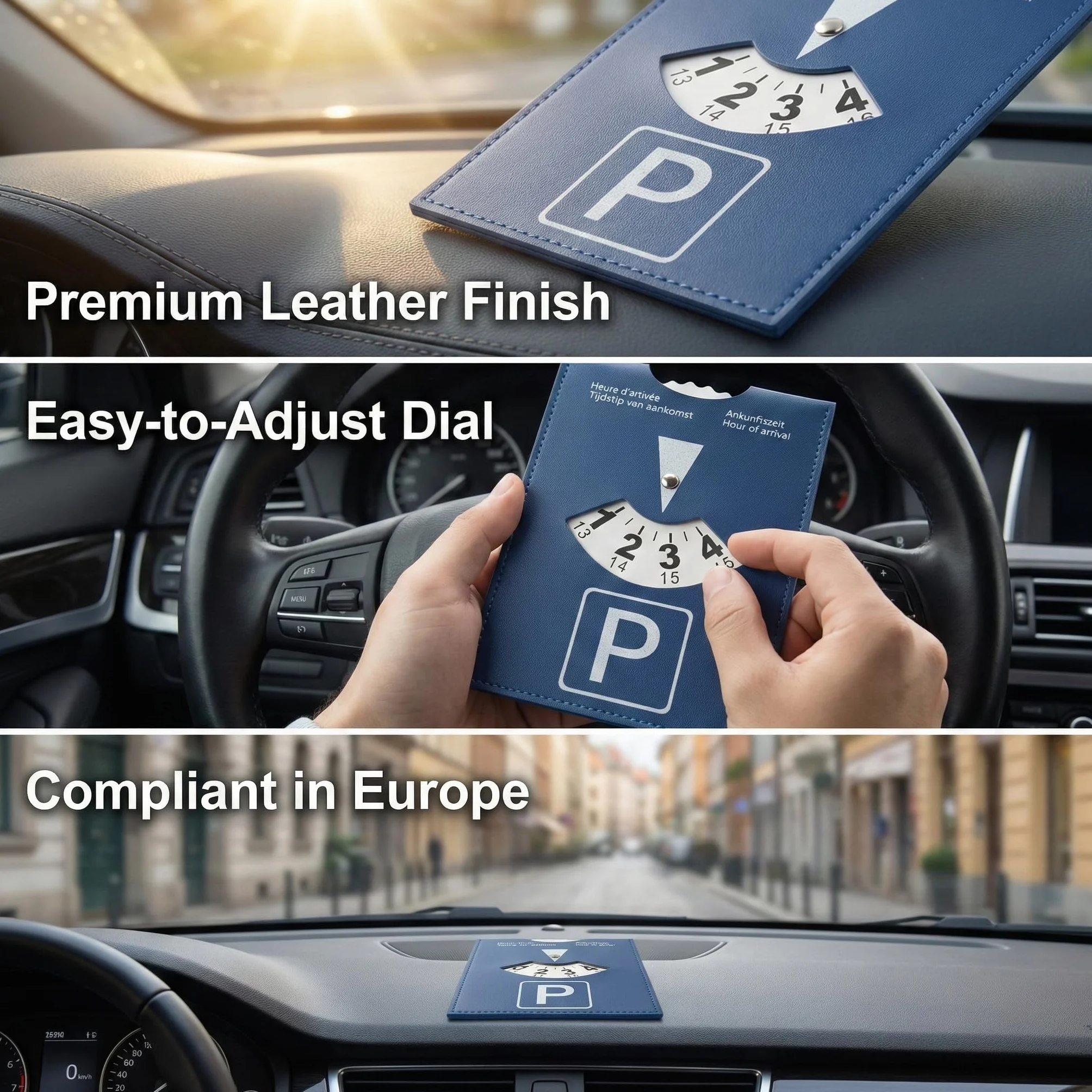 Disco horario Europeo para estacionamiento 1 Unidad Grande 10x13 cm Color Azul en Cuero sintético Suave para Coche Moto y Autocaravana Uso Urbano y Viajes