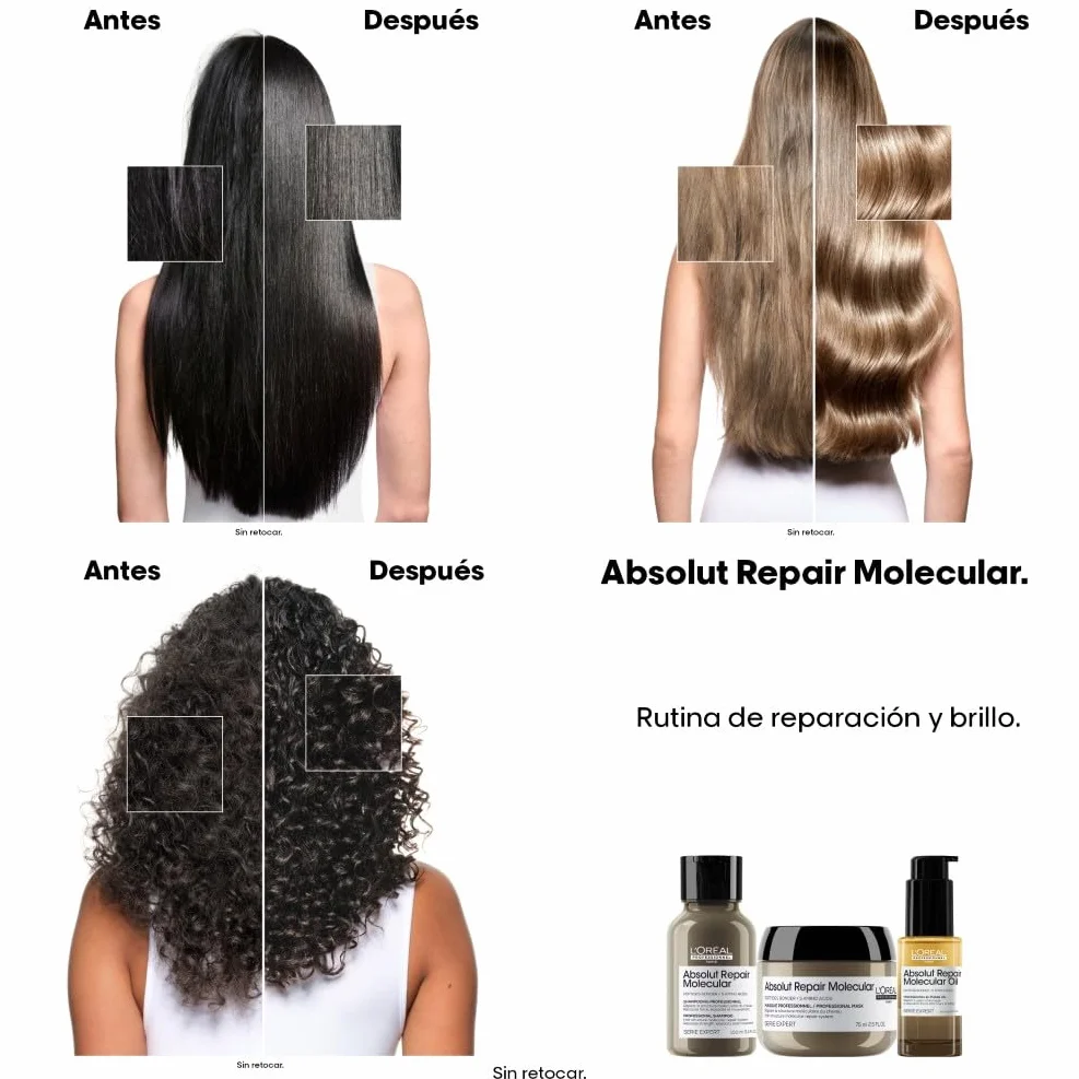 L'Oréal Professionnel Absolut Repair Molecular Aceite Bifásico Reparador 100 Horas de Brillo Antifrizz Protector Térmico Sin Aclarado