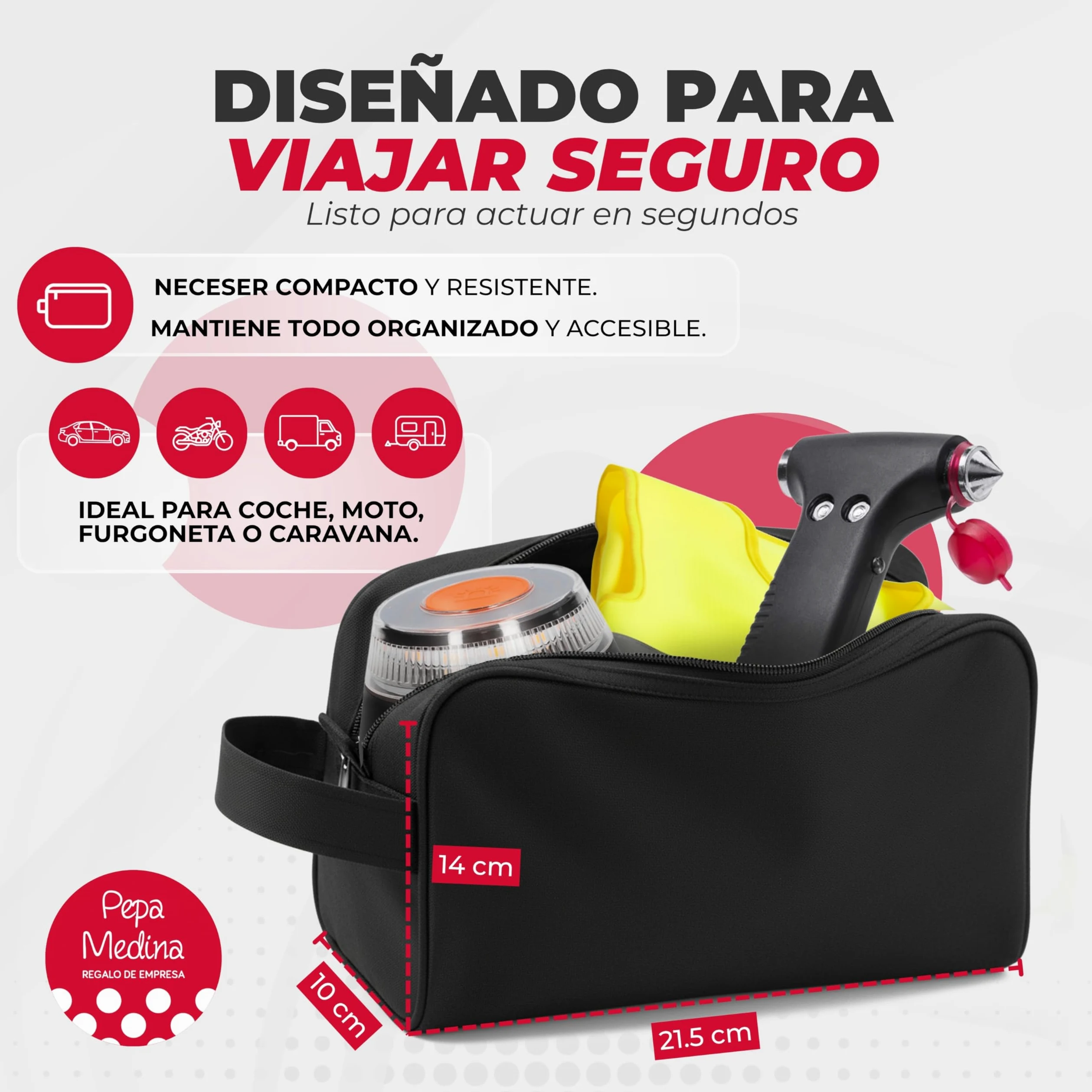 Kit Emergencia y Seguridad para Coche con Luz V16 Geolocalizada Homologada DGT 2026, Chaleco Reflectante, Martillo Multifunción, Cuchilla Cortacinturones, Linterna LED y Neceser Compacto