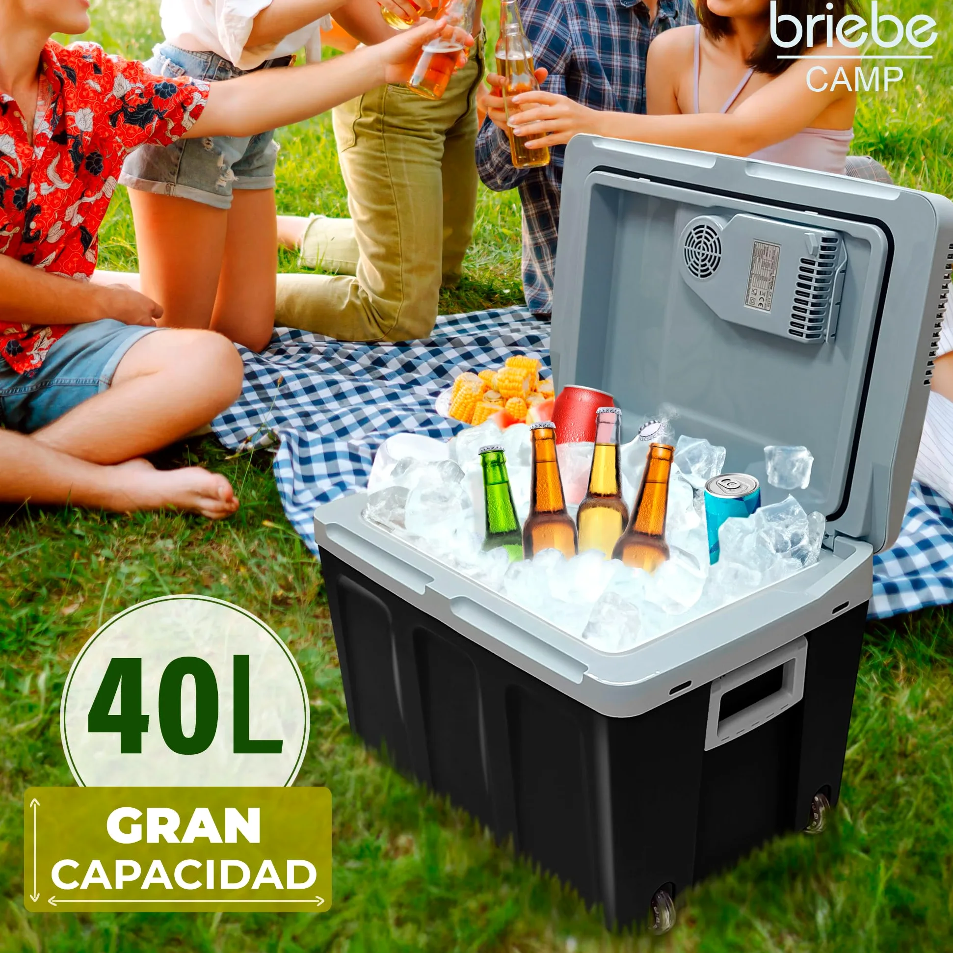 briebe Nevera Portátil Eléctrica de Viaje para Coche, Camping, 12V / 220V, Capacidad 40 L, Ruedas, Refrigera, Mantiene el Calor, Modo Bajo Consumo