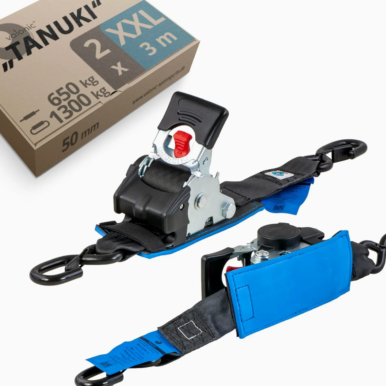 valonic Tanuki - 2X 3m XXL eslingas automáticas con carraca y Gancho, 50mm, 650/1300 Kg, Acolchado, EN-12195-2 - cinchas de Amarre con trinquete, para Sup Board o Moto, Negro