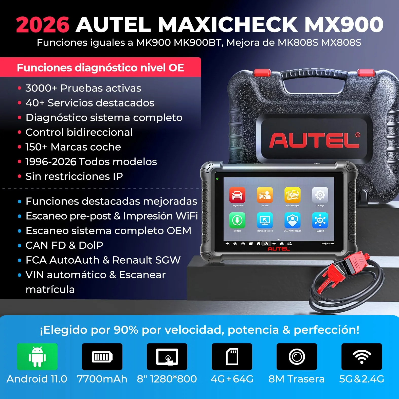 Autel MaxiCheck MX900 Maquina Diagnóstico, Como MaxiCOM MK900-BT Herramienta Escáner OBD2, Avanzado MK808BT MK808S MX808S Diagnosis Coche Multimarca, 3K+ Pruebas Activas, DoIP&CANFD, 40+ Servicio,OS11