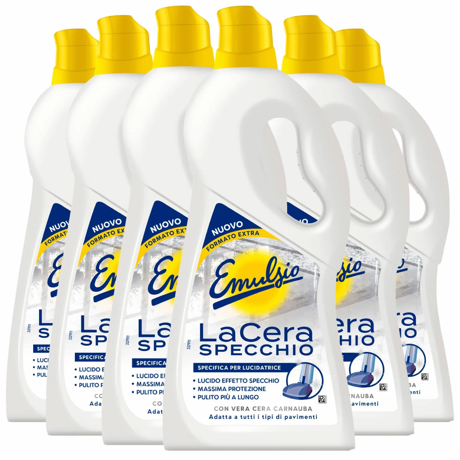 Emulsio - Cera de espejo tradicional para todos los suelos, específica para pulidora, fórmula con cera de carnauba natural, acción protectora e impermeabilizante – 6 botellas de 725 ml