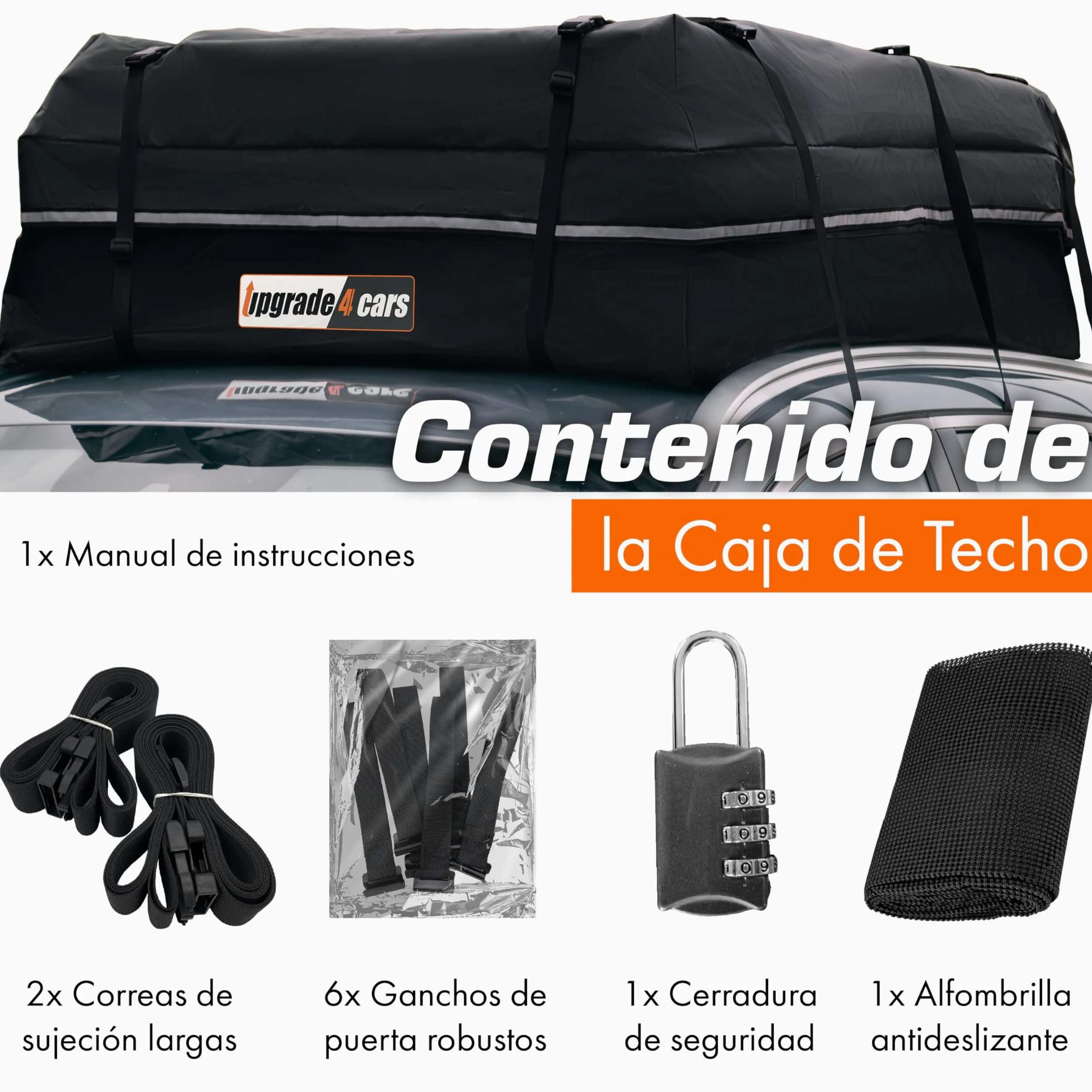 Upgrade4cars Bolsa de Techo para Coche 566L | Portaequipajes sin Barra Incluye Todos los Accesorios | Cofre Universal Plegable e Impermeable 130 x 110 x 40 cm