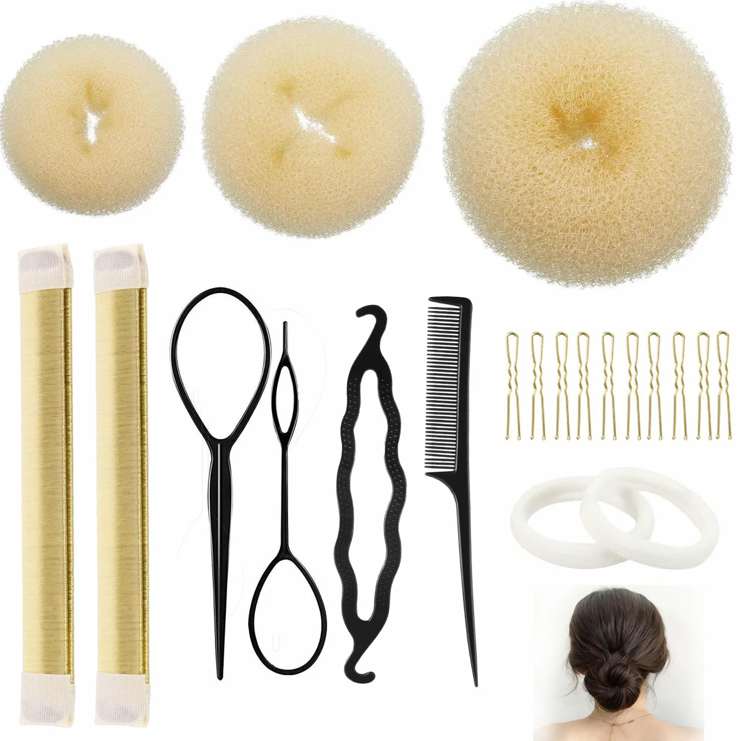 Juego de 21 Piezas Moldeador de Moños para Mujer, Kit con Donuts de Pelo y Horquillas - Beige