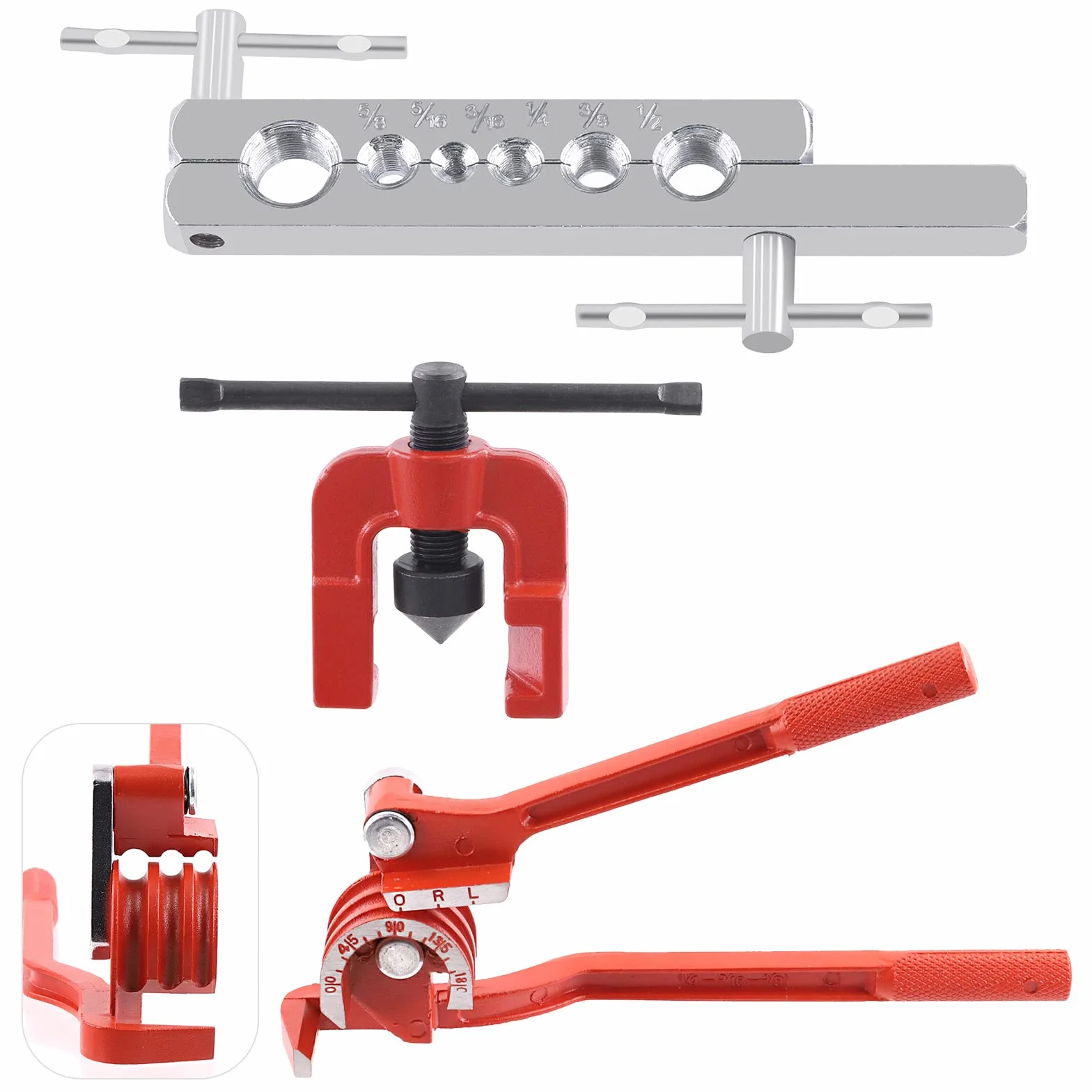 Swpeet Kit de herramientas de avellanado doble para automóvil de 3 piezas y juego surtido de curvador de tubo de 3 en 1 de 180 grados, herramientas de avellanado de línea de 5/8" 5/16" 3/16" 1/4" 3/8