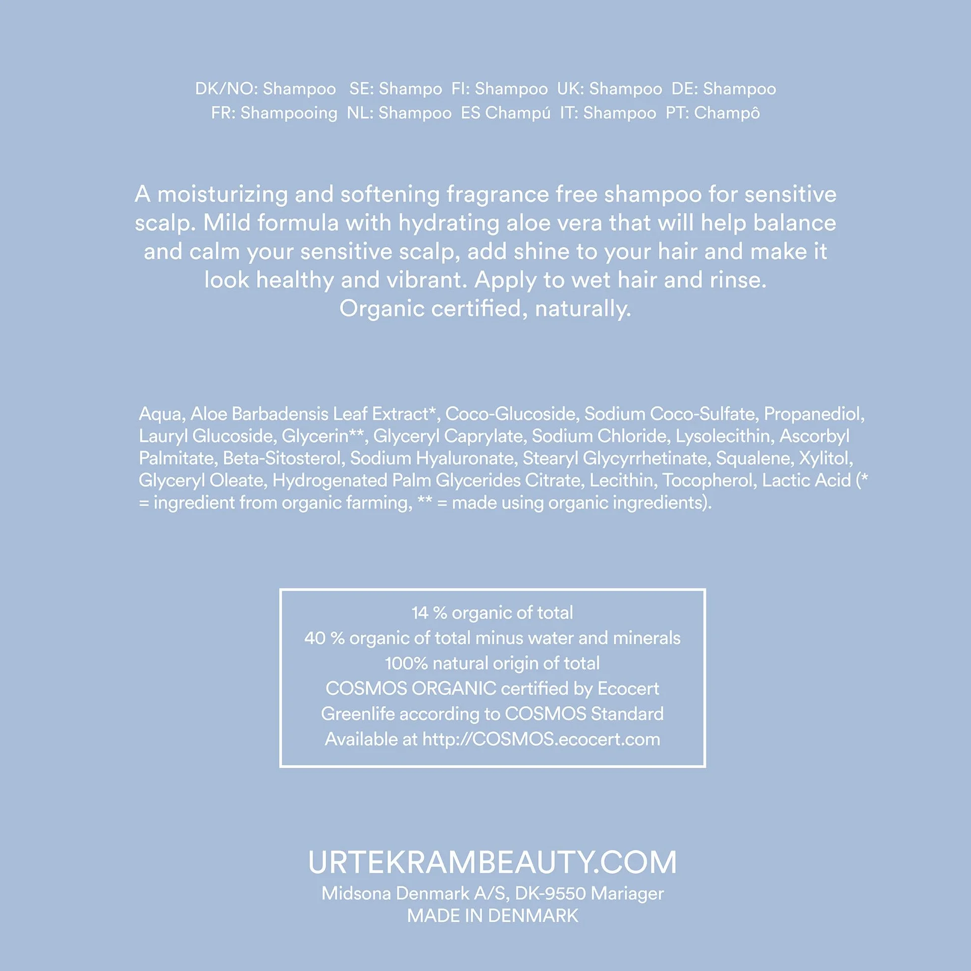 Urtekram Champú Sin Perfume 500ml para Cuero Cabelludo Sensible Hipoalergénico Orgánico Vegano