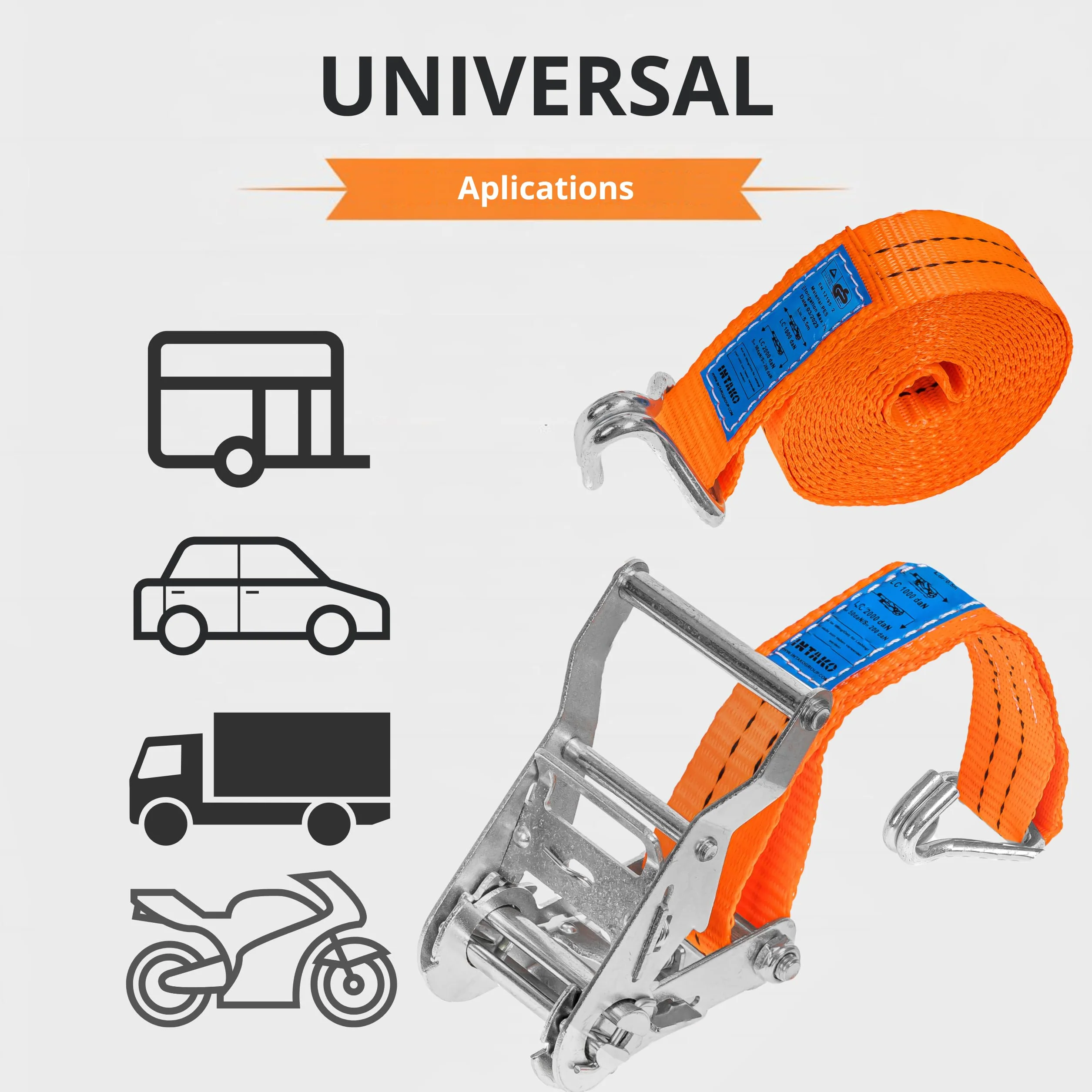 INTAKO Cinchas de Amarre con Carraca – 4m / 6m x 2000kg x 35mm – 2/10 Piezas – Eslingas con Carraca – Cinta de Amarre con Trinquete – Tensor de Cinchas para Auto y Moto (Naranja, 4m (2 Pezzi))