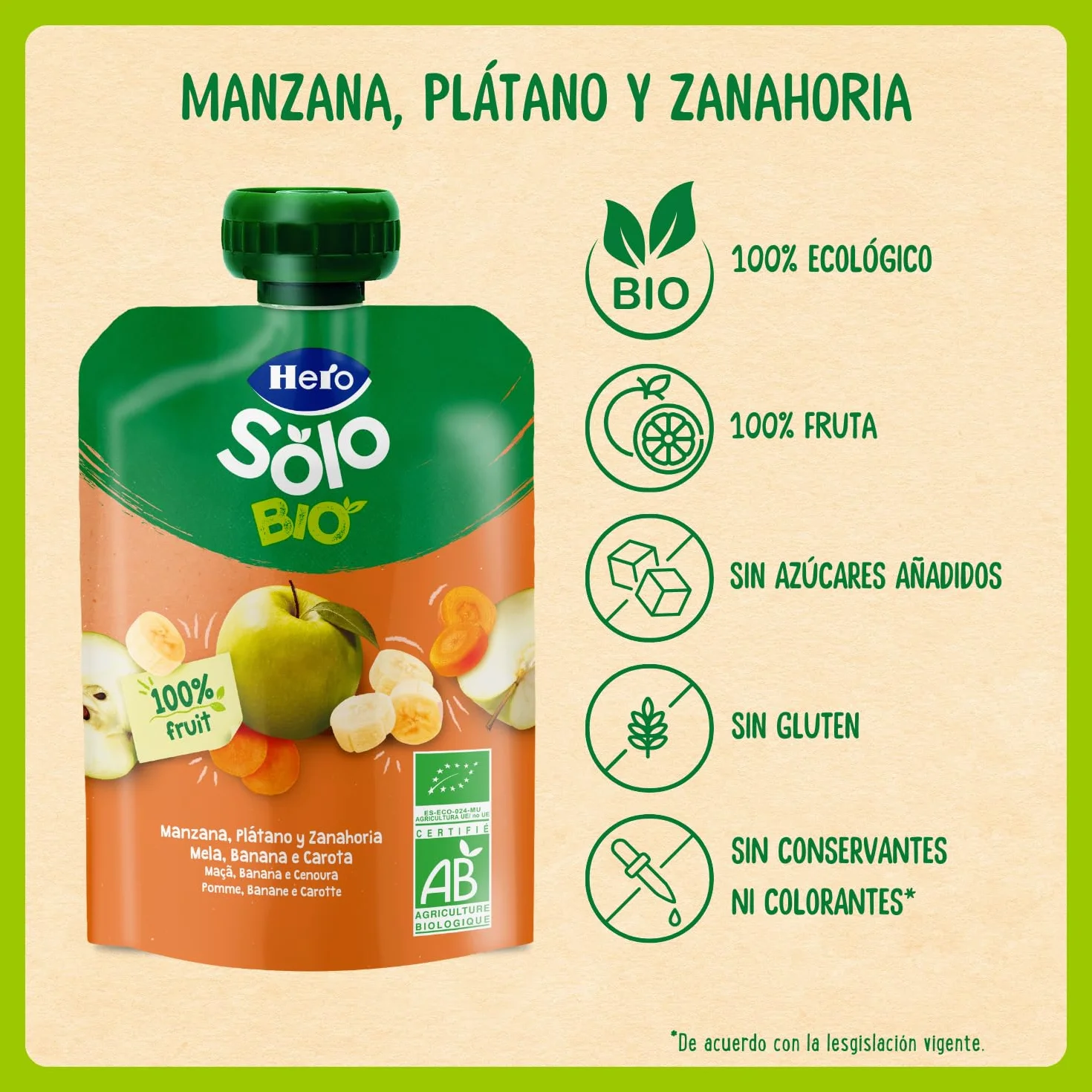 Hero Solo Bolsitas Ecológicas de Manzana, Plátano y Zanahoria BIO para Bebés 6 Meses 100g