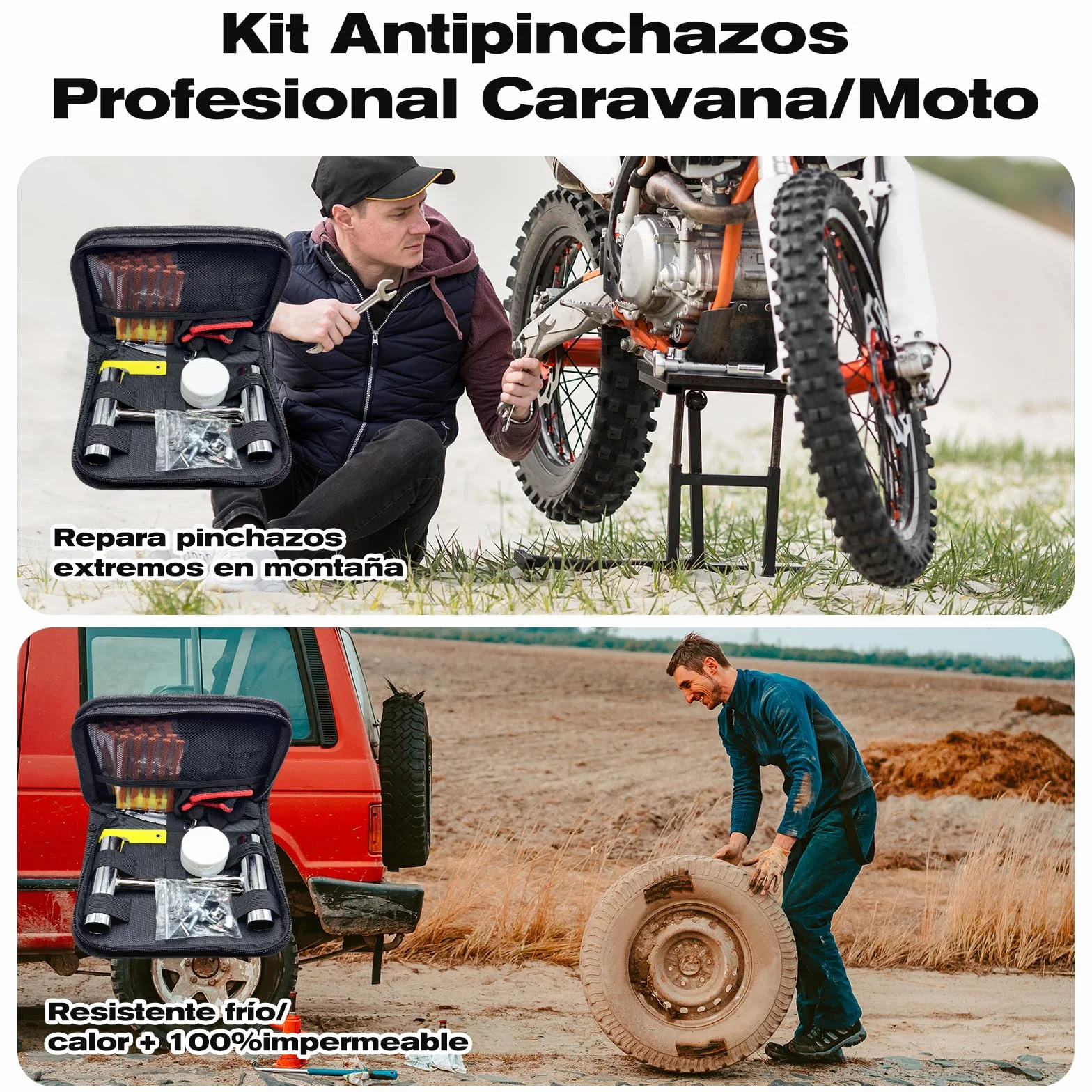 kit profesional de reparación de pinchazos 45 pcs para coche, moto y todoterreno, neumático antipinchazos, mechas y clavos, para emergencias en carretera y montaña