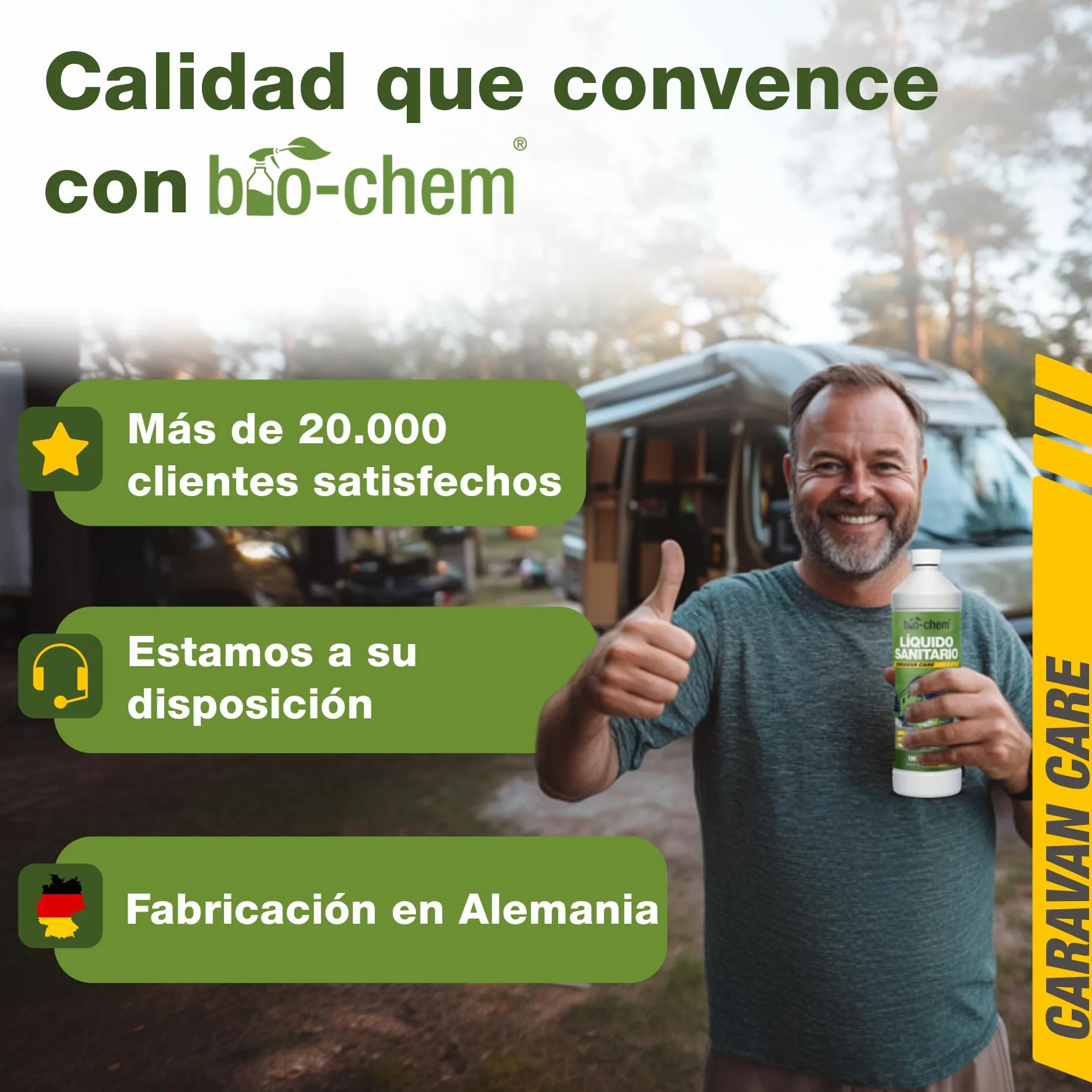 Bio-Chem - Quitamanchas de Lluvia 500ml + manopla microfibras para Parabrisas y Lunas de autocaravanas, caravanas y Coches - Producto Ideal para Lunas Durante Sus Vacaciones en Autocaravana