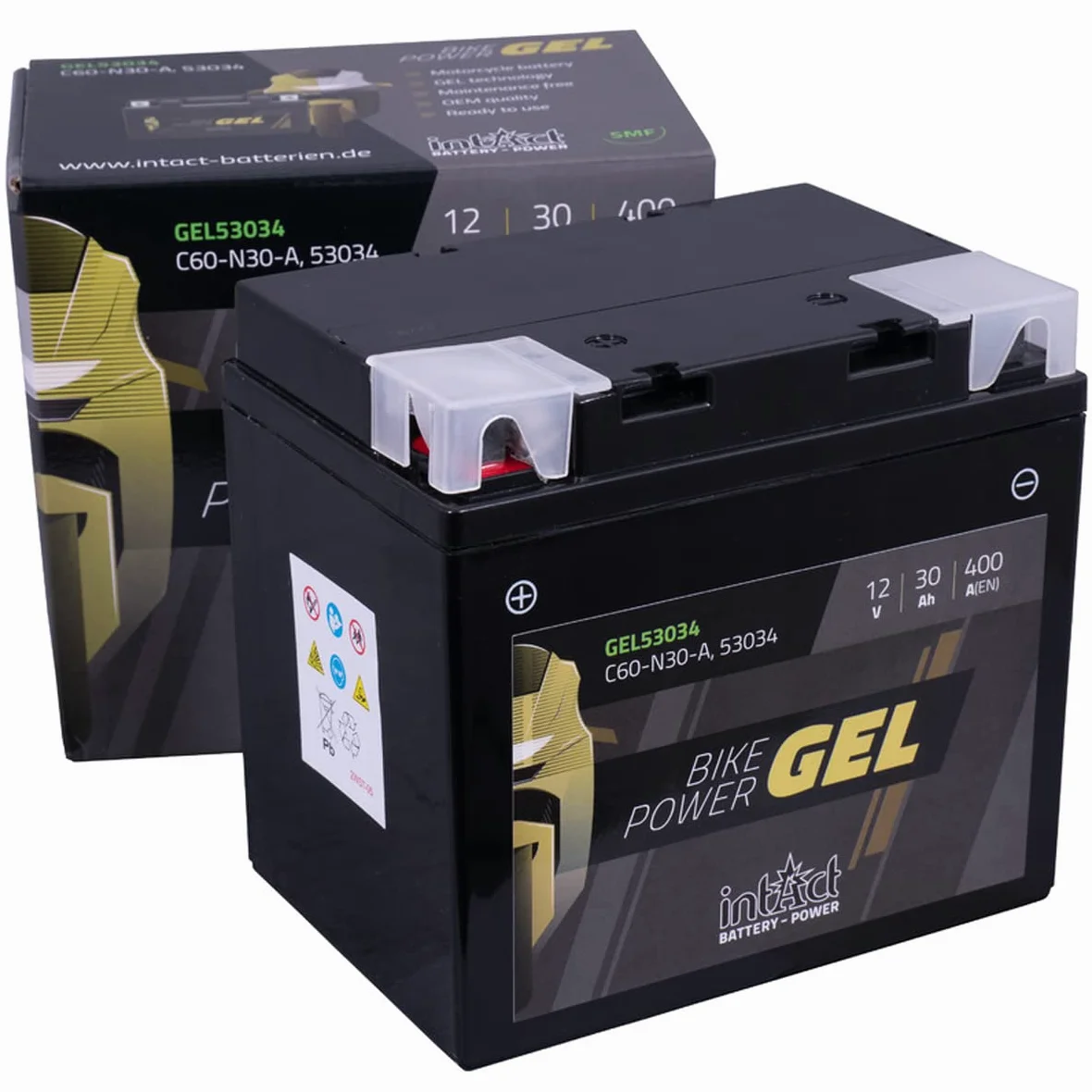 Batería de gel para la motocicleta, tractor de césped, cortacéspedes de montar 12V 30Ah Intact Bike-Power GEL53034 30Ah (DIN 53034) Y60-N30-A
