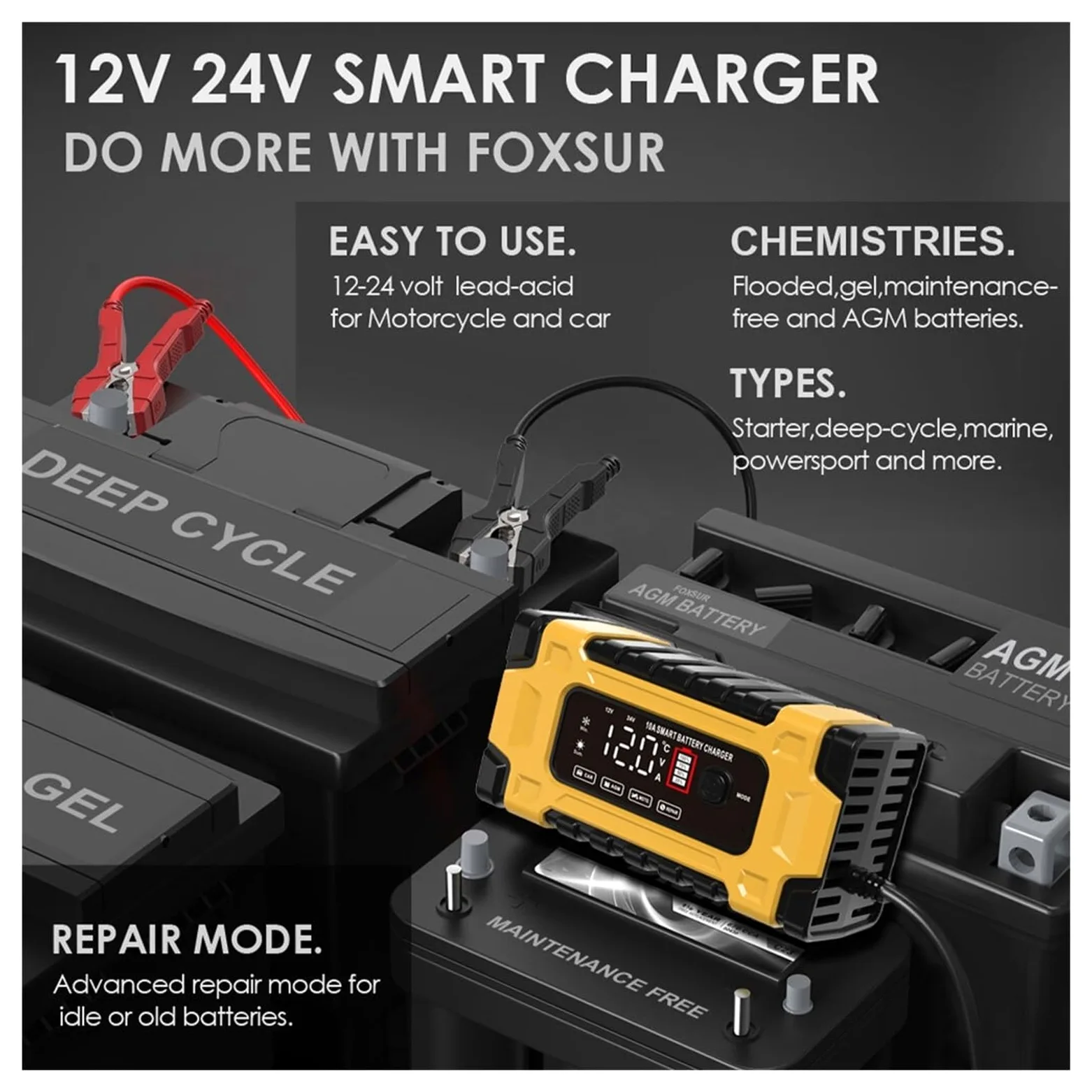 Cargador De Batería Coche 12V Y 24V Carga Automática Inteligente LCD Digital Carga De PrecisióN