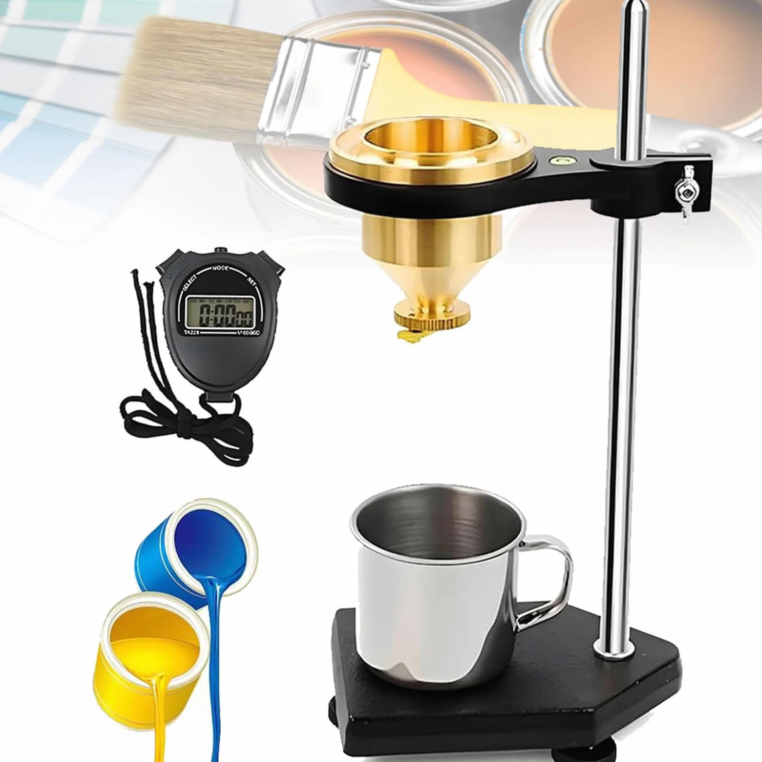 Viscosímetro de pintura con copa de flujo de latón, probador de viscosidad líquida, boquilla de flujo de 4 mm, soporte ajustable y cronómetro para revestimientos, tintas, adhesivos