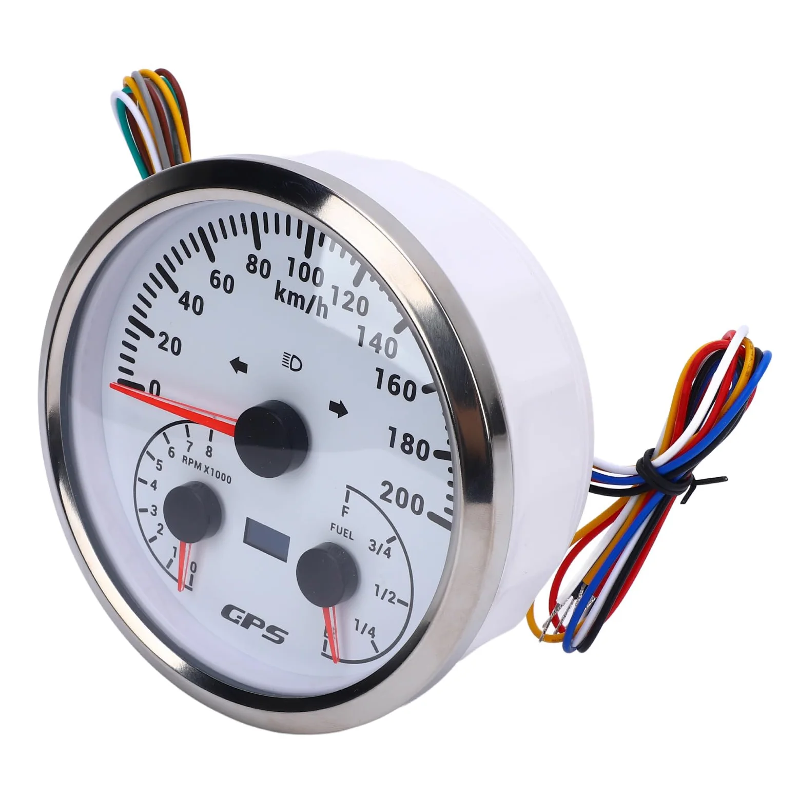 Medidor de odómetro GPS, velocímetro de 110 mm, tacómetro, 0-200 KM H, 0-8000 RPM, indicador de nivel de con señales de giro para camión yate RV (Esfera blanca y bisel plateado CXA098)