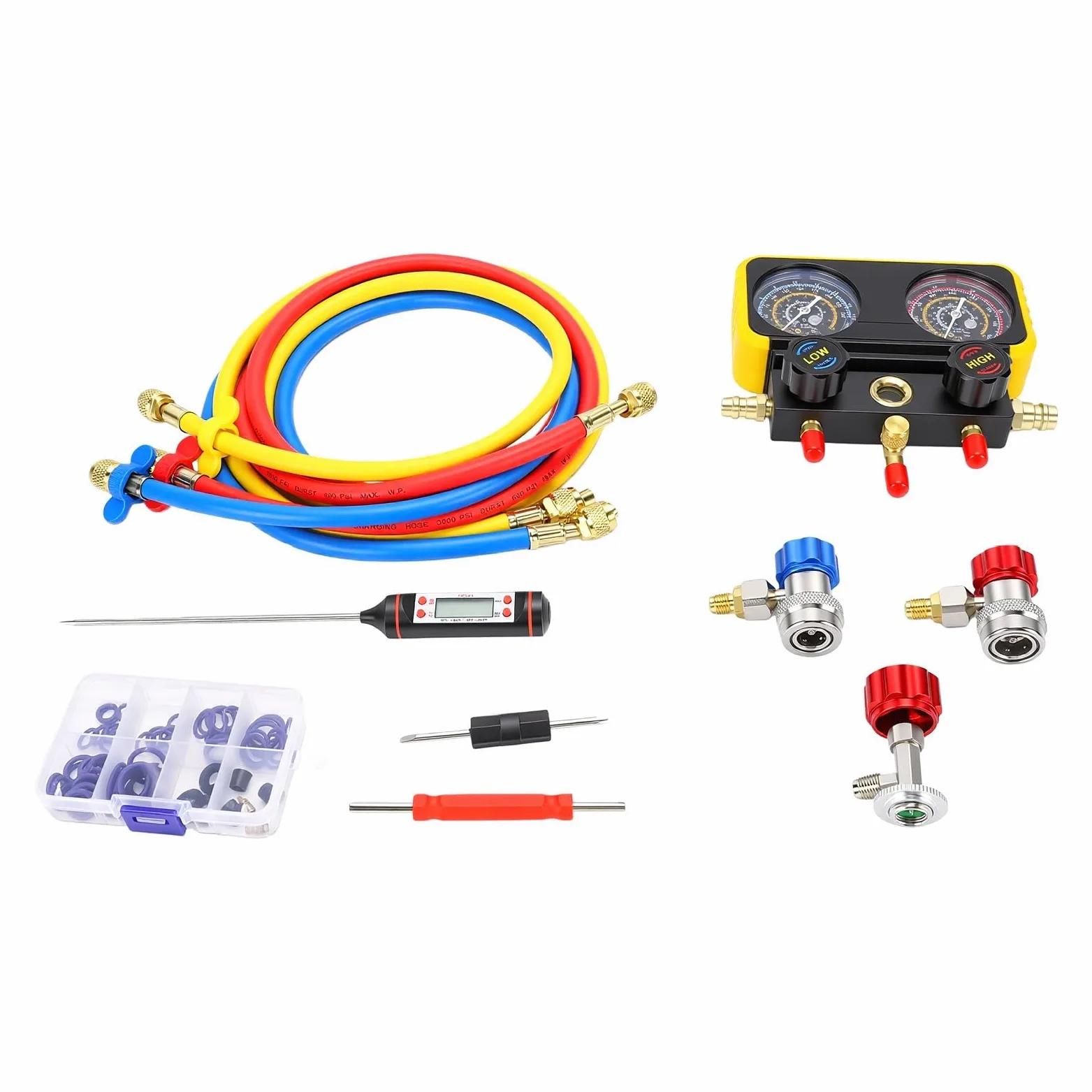 Tbest Juego de Manómetros de Colector HVAC R134A Kit de Manguera y Manómetro de Diagnóstico de Aire Acondicionado con Accesorios de Conexión Rápida para Carga de Refrigerante, Vacío y
