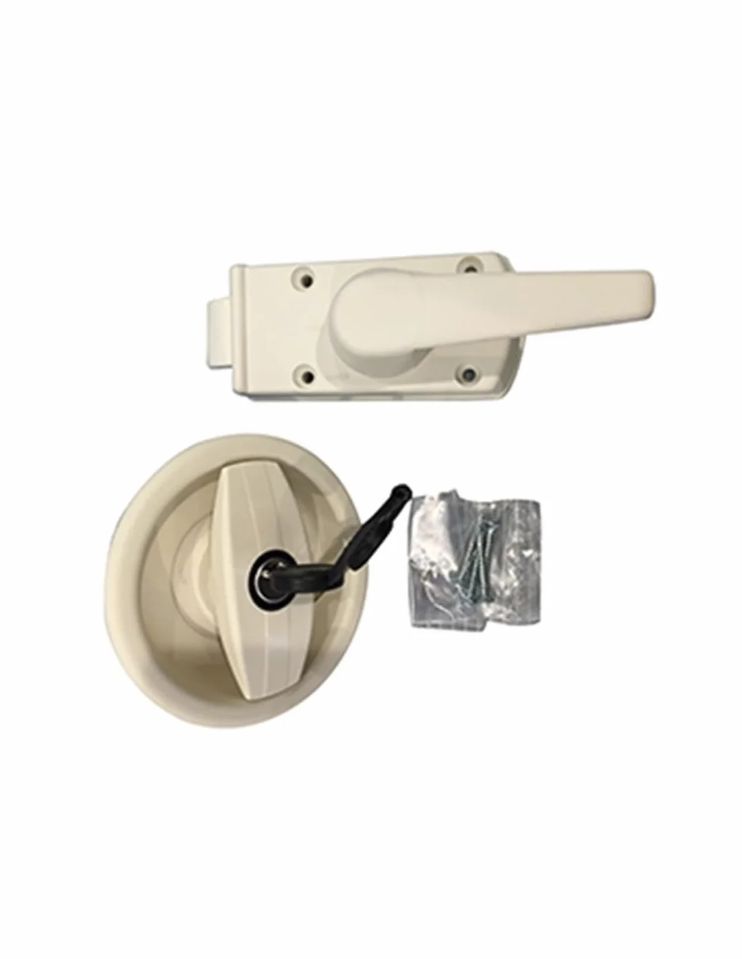 Cerradura blanca perla con asa para puerta de caravana con apertura a la derecha + cilindro y llaves