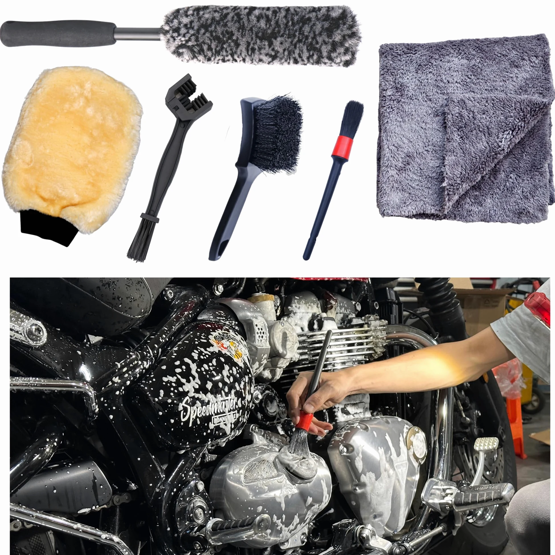 oesee Kit de limpieza de motocicleta, 6 unidades, diseño para cromo, cepillo de lana, guante de lavado de lana, cepillo de neumáticos y cadena, cepillo de detalles y toalla de felpa ultra para