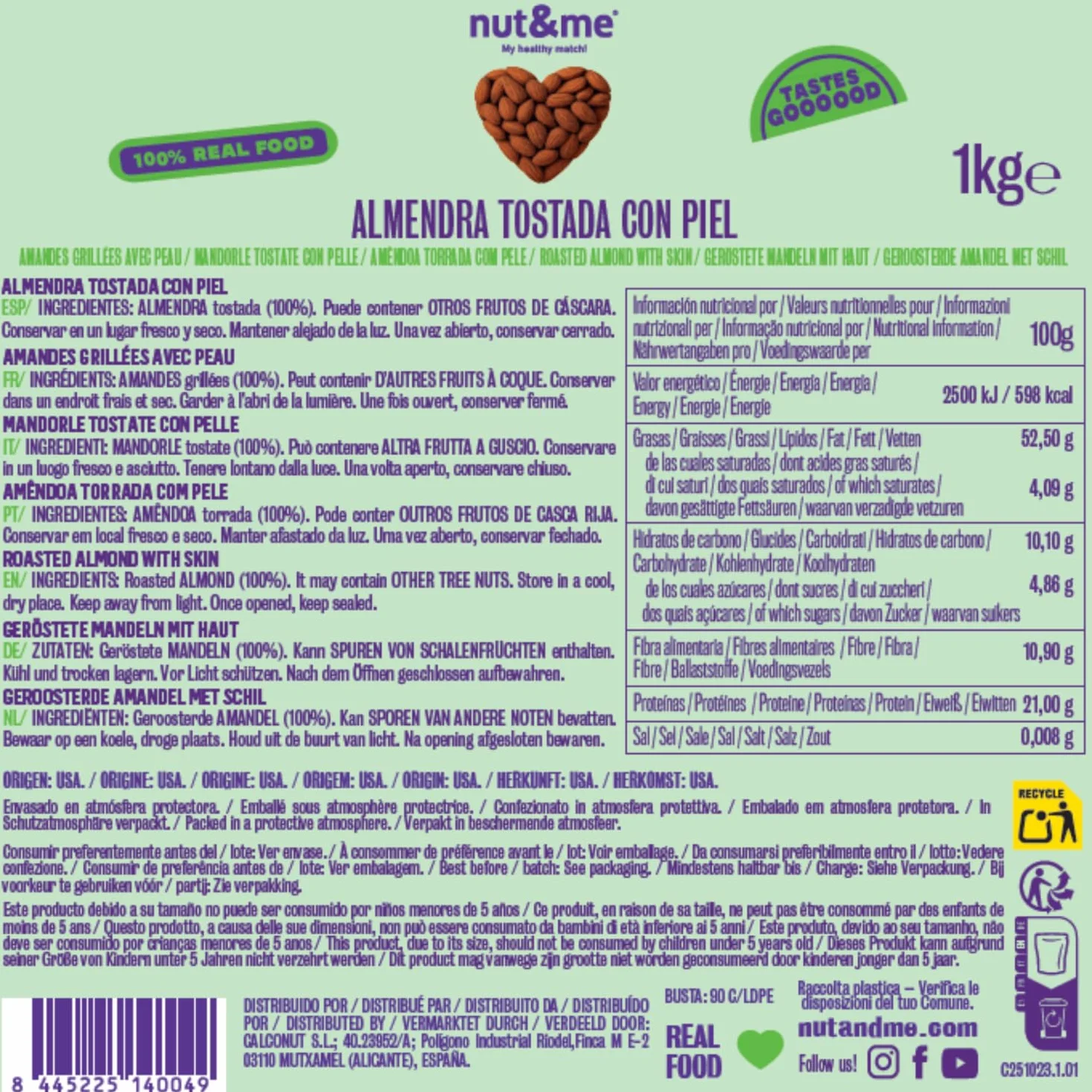 nut&me Almendras tostadas sin sal 1kg Sin gluten Keto Frutos secos Proteina vegana