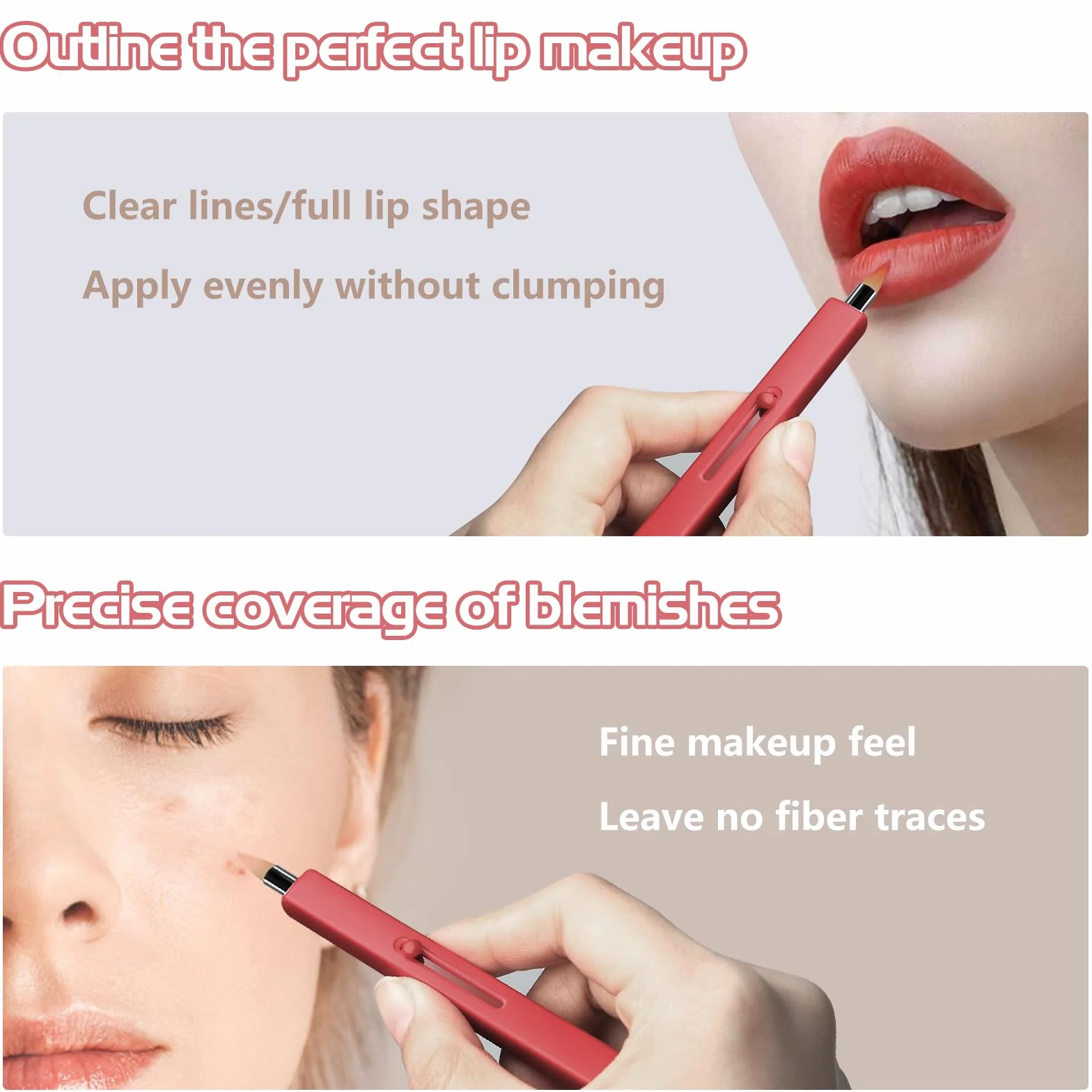 Pincel de Maquillaje Retráctil Doble Extremo para Labios, Portátil (Rojo + Plateado)