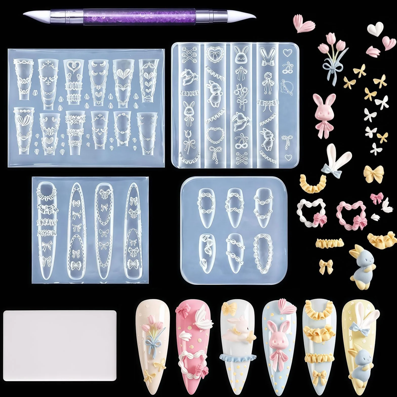 Moldes para Uñas 3D Gel Nail Art Set 4 Piezas Silicona Plantillas de Estampado