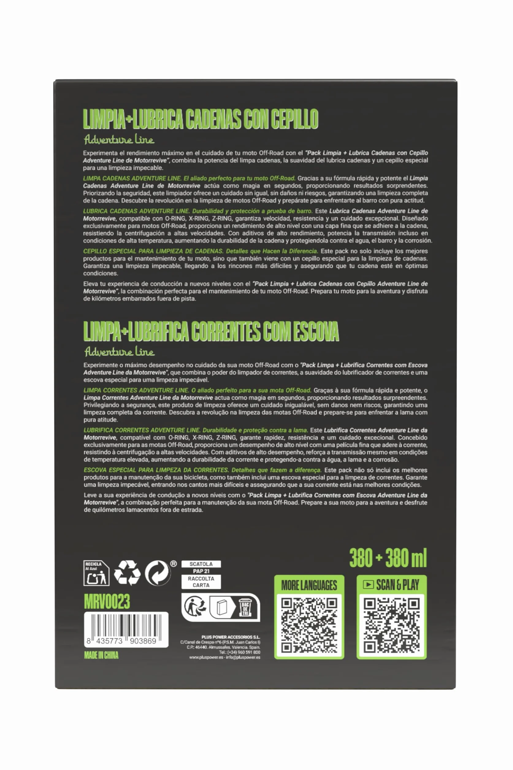 Pack Adventure Line con Limpiador, Lubricante y Cepillo para Cadenas de Moto Off-Road 380 + 380 ml | Mantenimiento Completo para Motocross, Enduro y Rutas Todo Terreno
