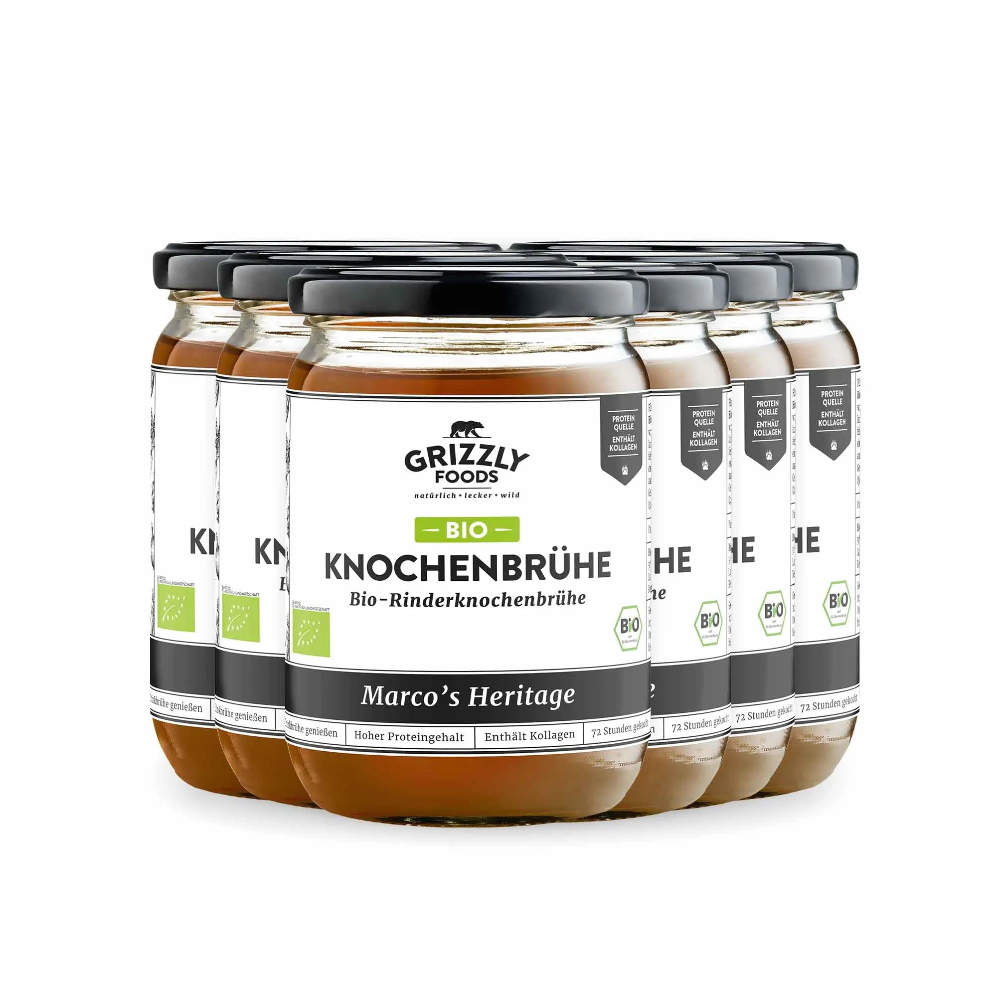 Grizzly Foods Caldo de Hueso de Ternera Orgánico 6 x 500 ml Colágeno 25 g Bone Broth