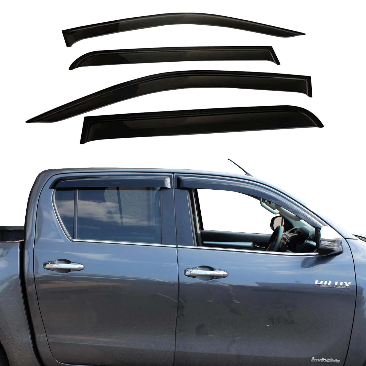 Déflectores de Viento Adhesivos para Toyota Hilux (2016-2026) Double Cab PMMA Negro Ahumado Visera Anti-Reflejo Protección Pluvia