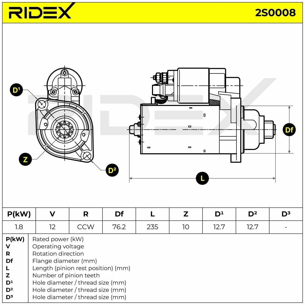 RIDEX 2S0008 Motor de arranque Compatible con VW Golf IV Hatchback 1J1